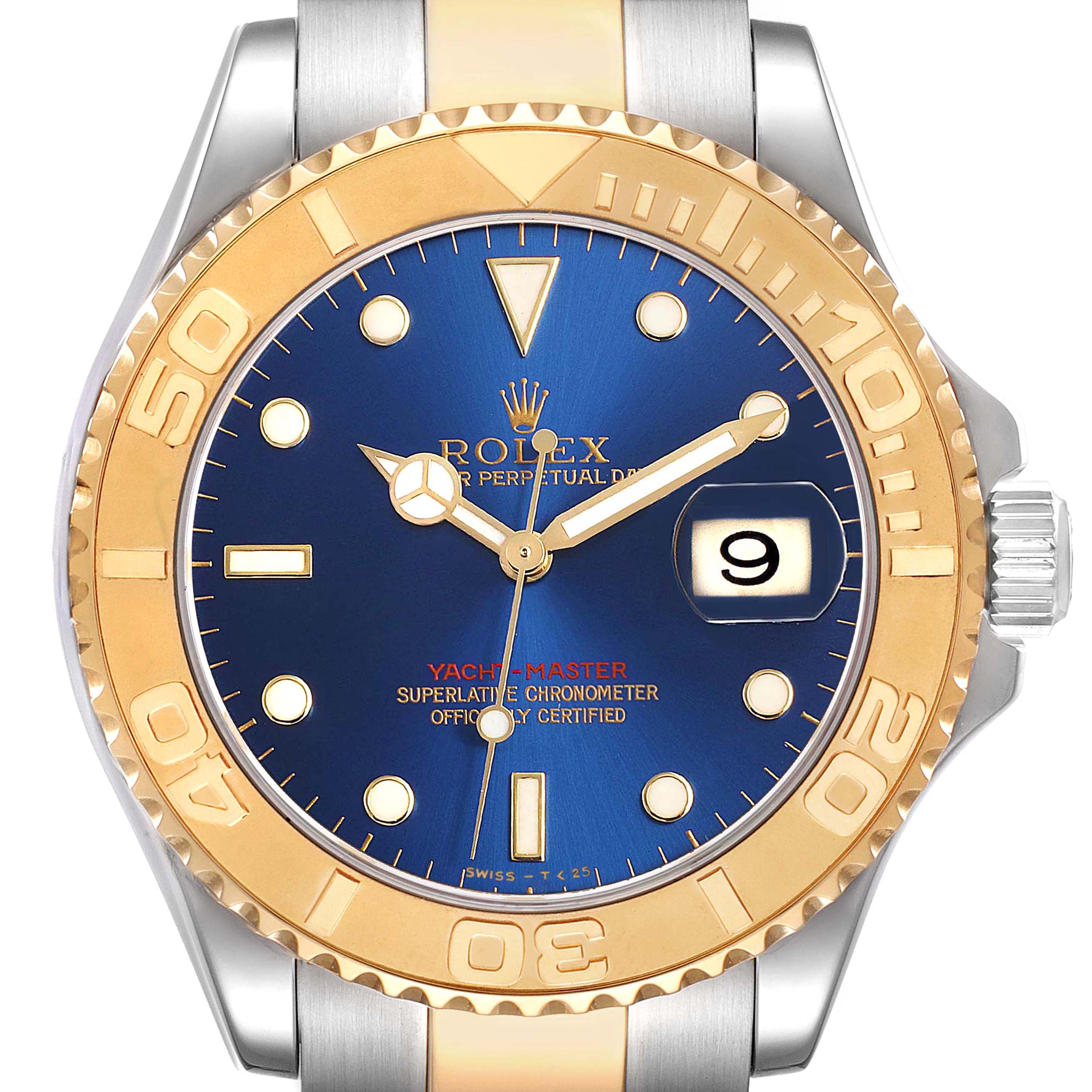 This is a front view of the Rolex Yacht-Master 16623 Men's Steel and Gold (two tone) Blue Dial 16623 Men's Steel and Gold (two tone) Blue Dial watch, showing the dial, bezel, and part of the bracelet.