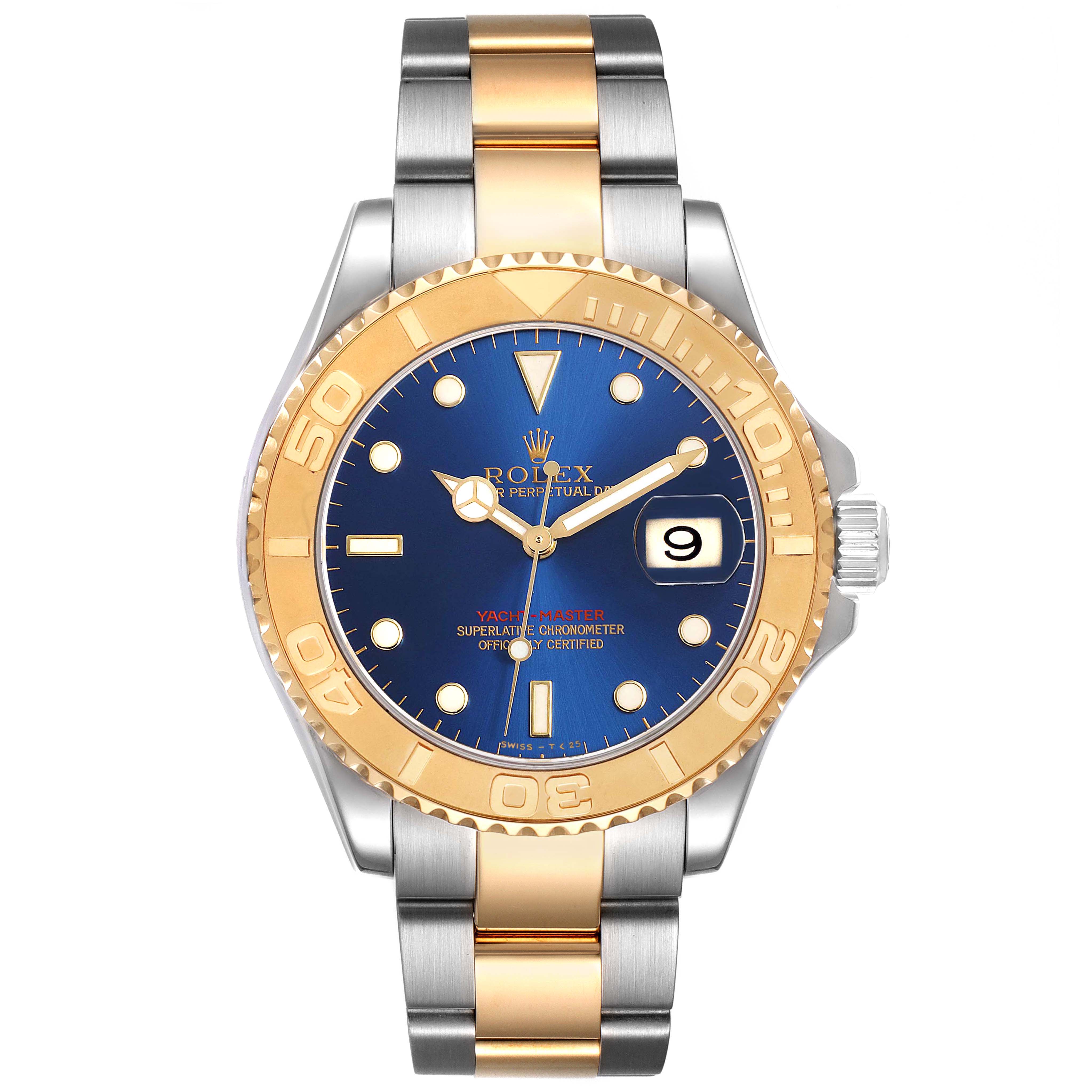 This image shows a frontal view of the Rolex Yacht-Master 16623 Men's Steel and Gold (two tone) Blue Dial 16623 Men's Steel and Gold (two tone) Blue Dial watch, highlighting its blue dial, gold bezel, and two-tone bracelet.