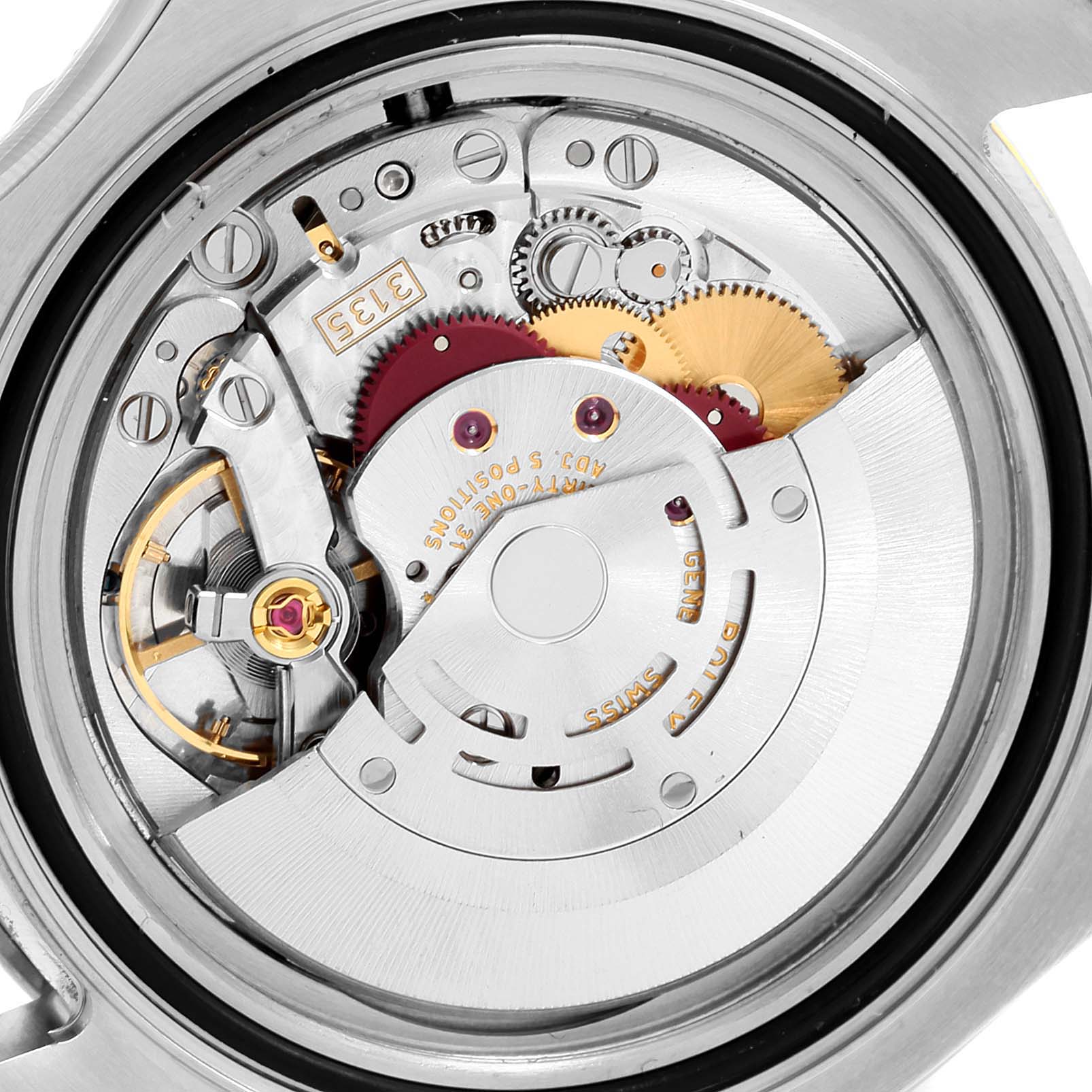 The image shows the internal mechanical movement of the Rolex Yacht-Master 16623 Men's Steel and Gold (two tone) Blue Dial 16623 Men's Steel and Gold (two tone) Blue Dial watch from a back angle.