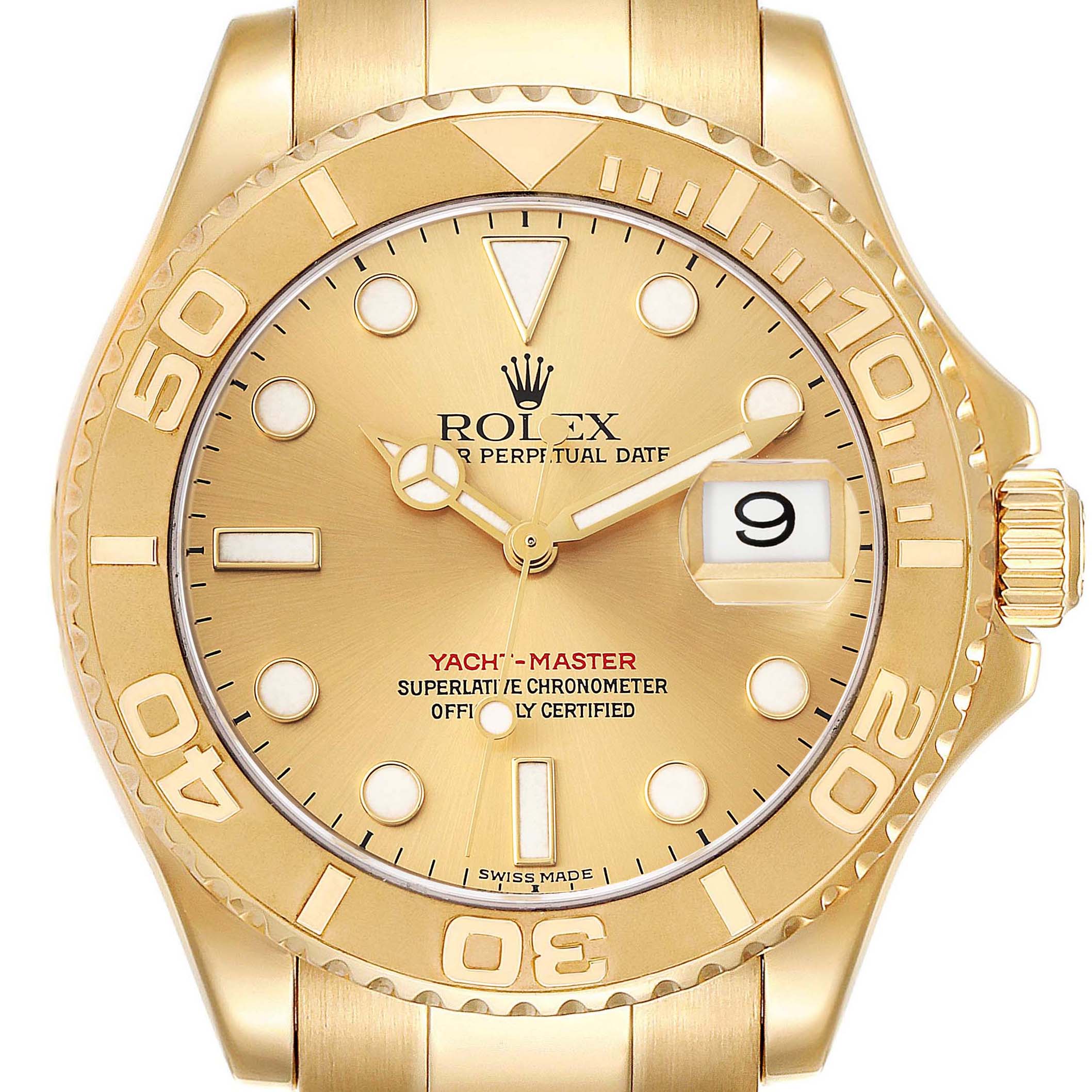 The image shows a front view of a Rolex Yacht-Master 16628 Men's Yellow Gold Champagne Dial 16628 Men's Yellow Gold Champagne Dial watch highlighting its dial, bezel, and bracelet.