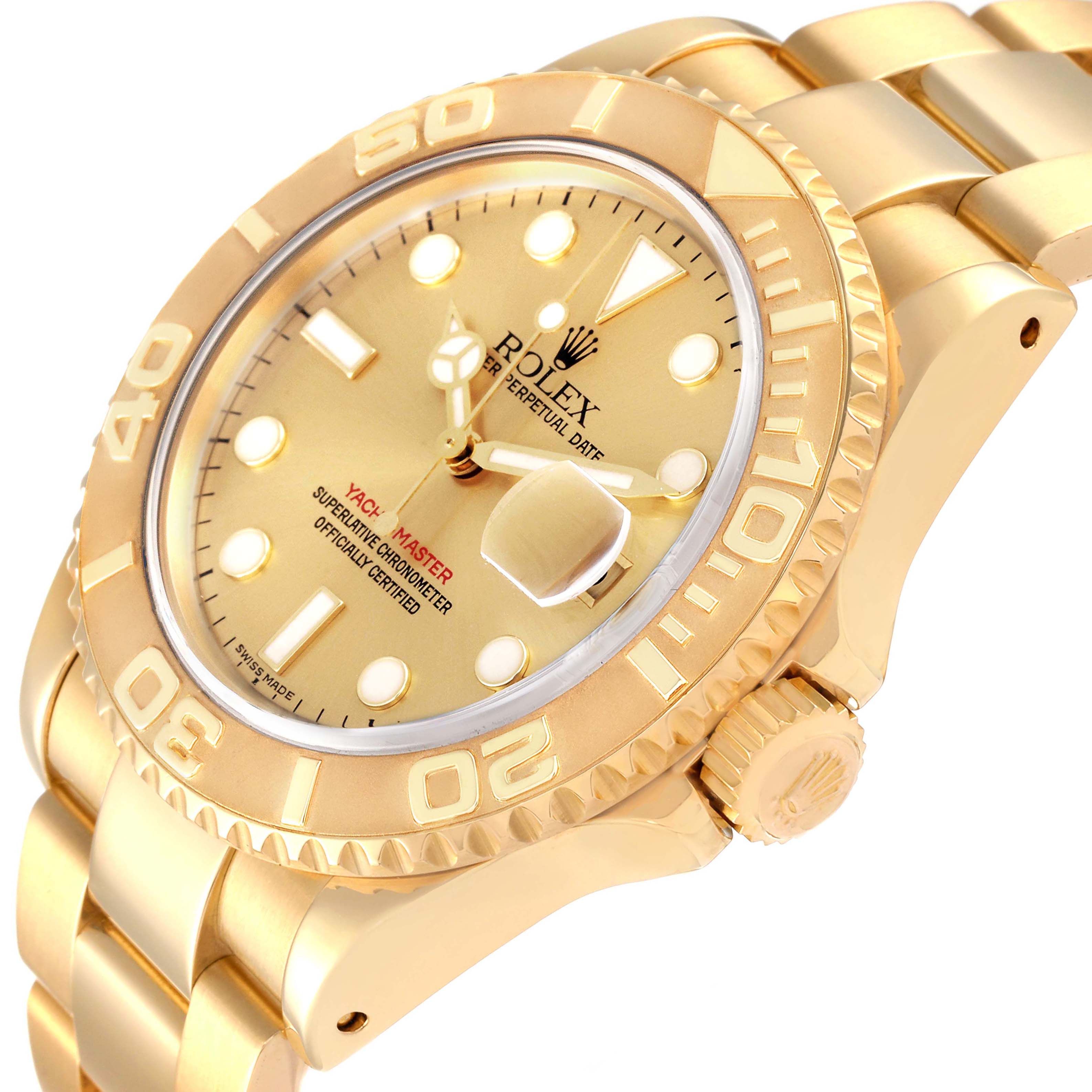 This is an angled view of the Rolex Yacht-Master 16628 Men's Yellow Gold Champagne Dial 16628 Men's Yellow Gold Champagne Dial watch, displaying the dial, bezel, crown, and part of the bracelet.
