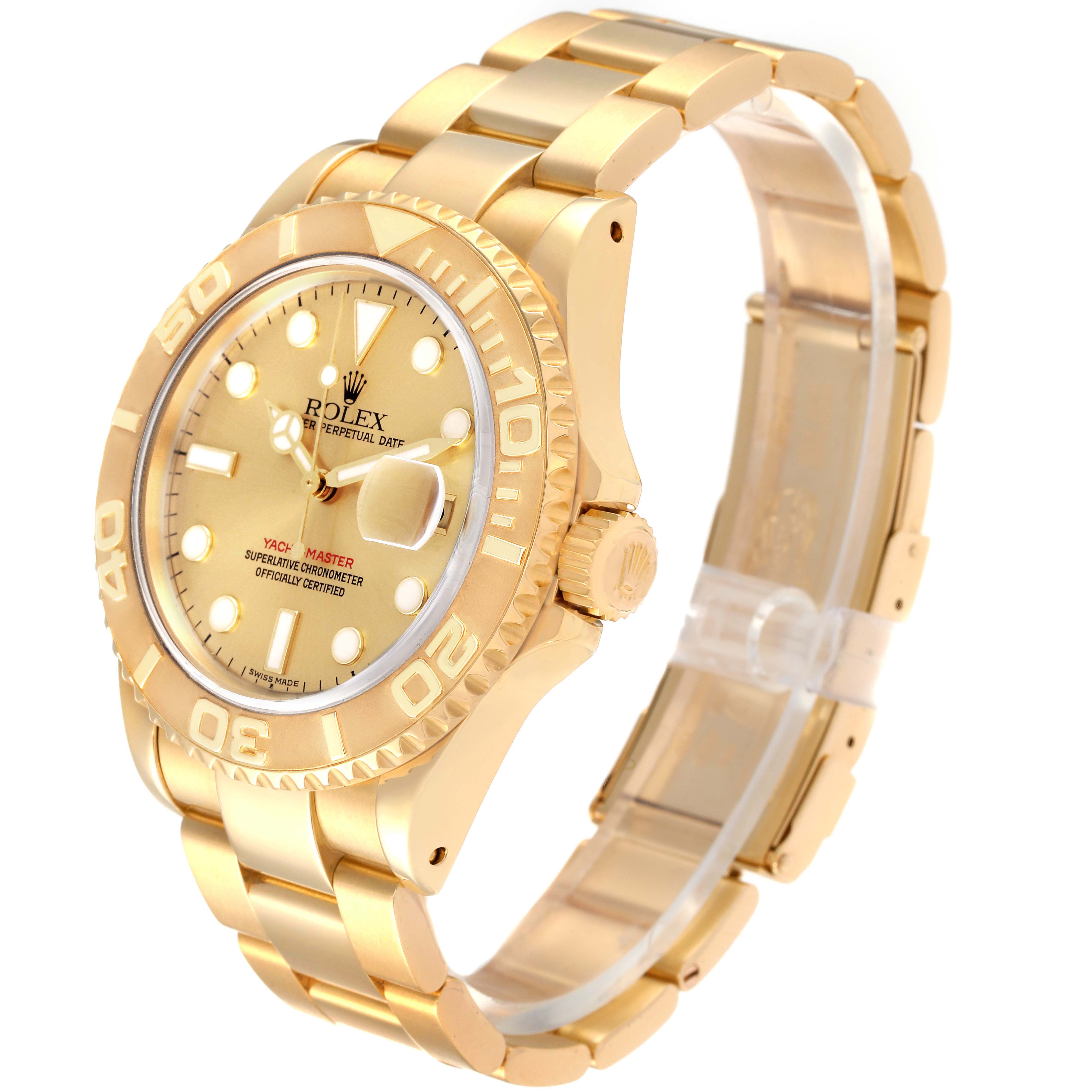 This Rolex Yacht-Master 16628 Men's Yellow Gold Champagne Dial 16628 Men's Yellow Gold Champagne Dial watch is shown at a three-quarter angled view, displaying its face, bracelet, and crown.