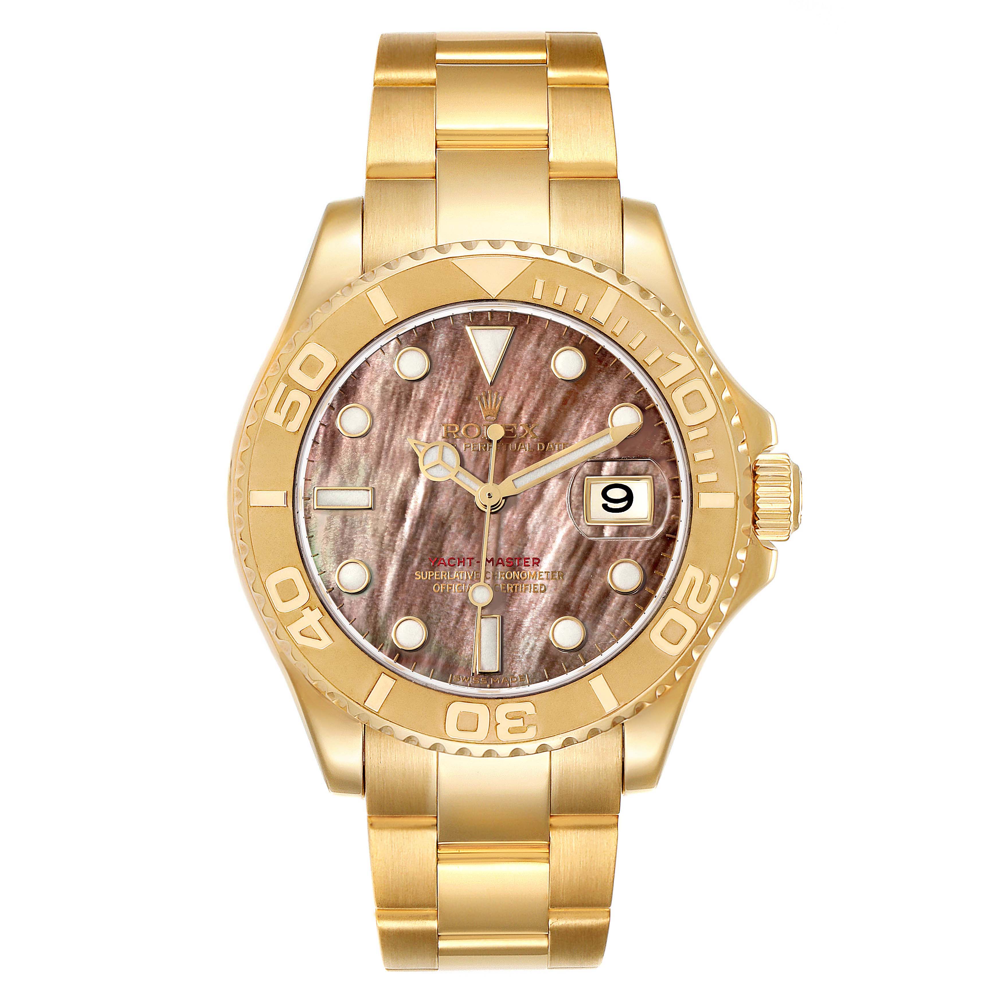 The image shows a front view of the Rolex Yacht-Master 16628 Men's Yellow Gold Mother of Pearl Dial 16628 Men's Yellow Gold Mother of Pearl Dial watch, highlighting the bezel, dial, markers, hands, date window, and bracelet.