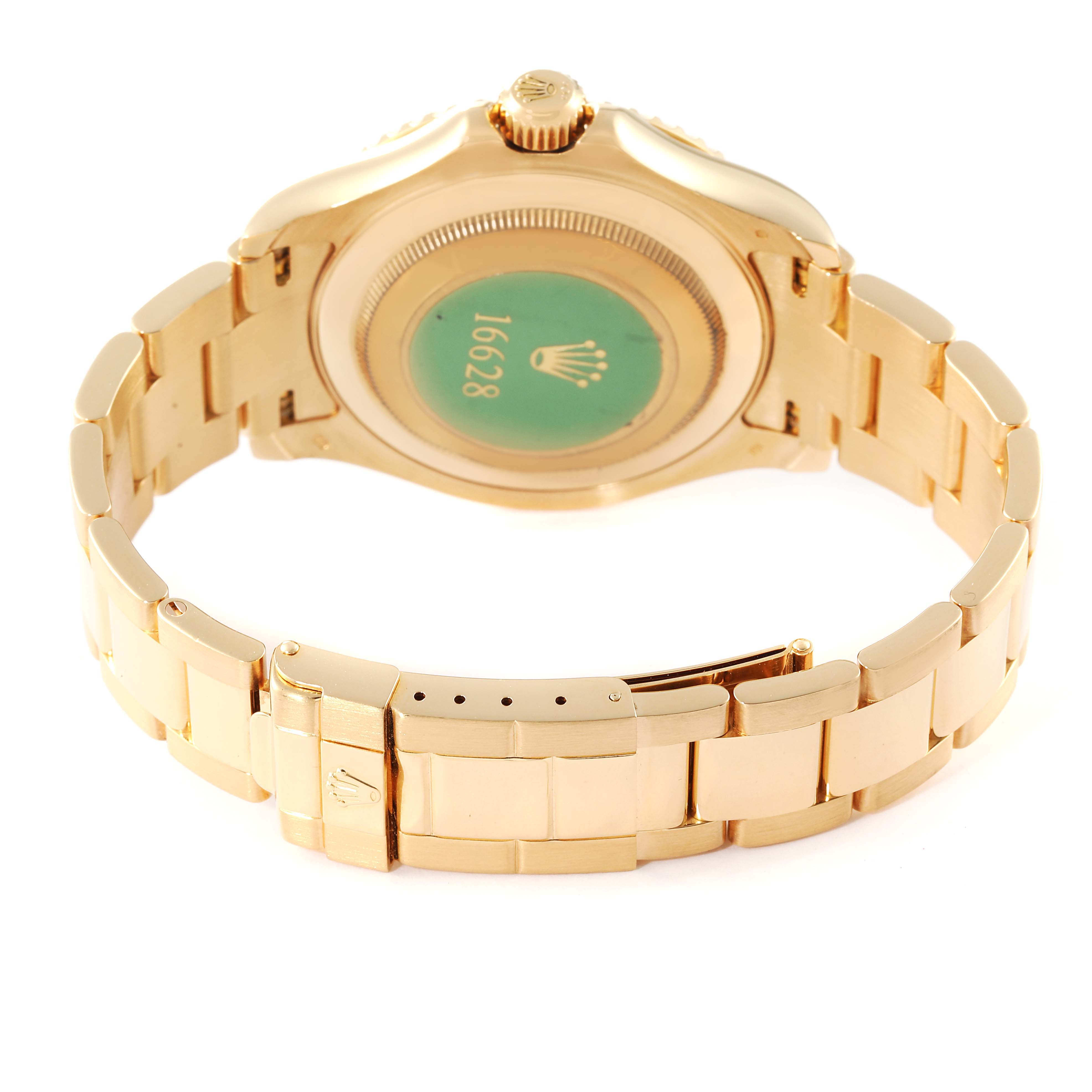 The image shows the back case and bracelet of the Rolex Yacht-Master 16628 Men's Yellow Gold Mother of Pearl Dial 16628 Men's Yellow Gold Mother of Pearl Dial watch in a gold finish.