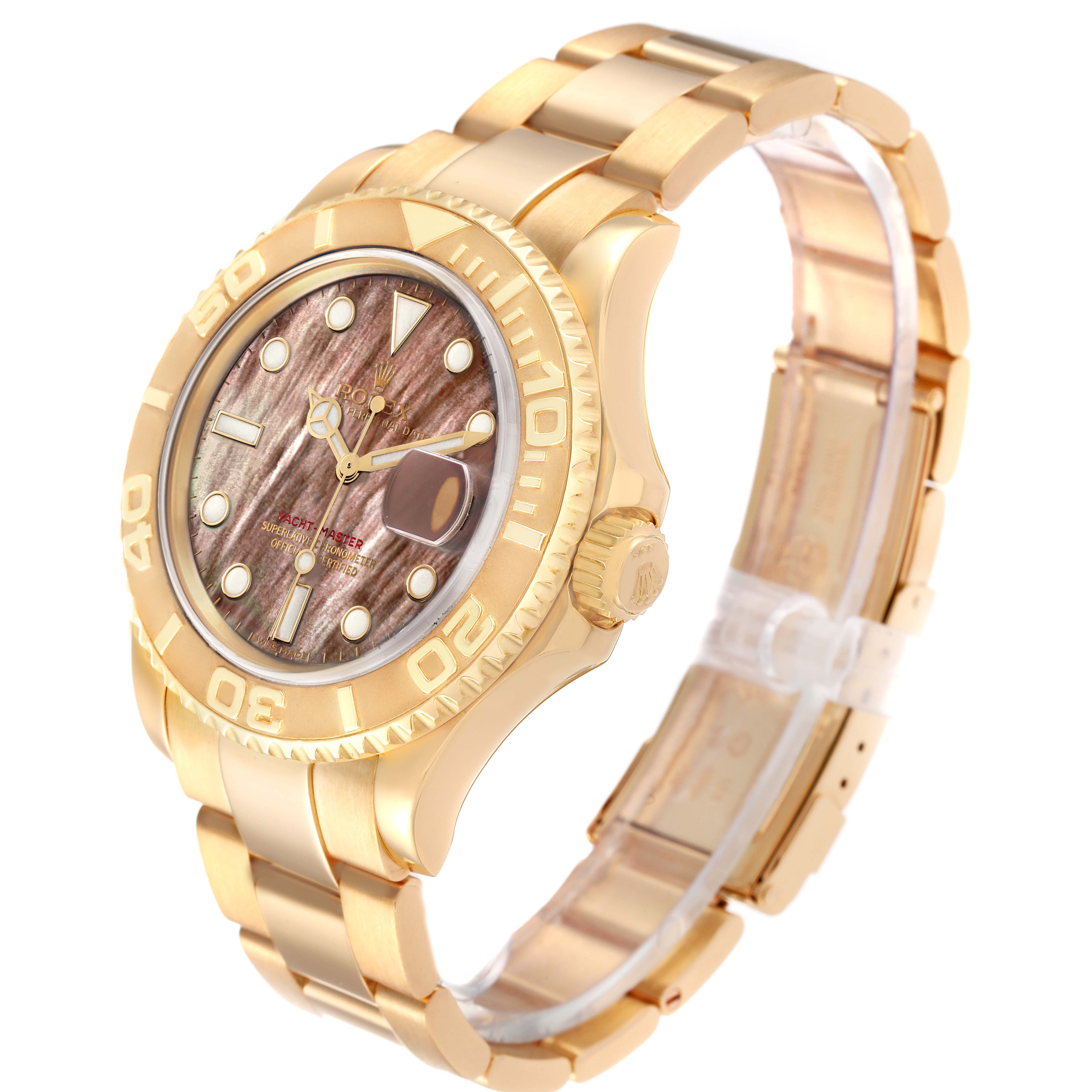 The Rolex Yacht-Master 16628 Men's Yellow Gold Mother of Pearl Dial 16628 Men's Yellow Gold Mother of Pearl Dial watch is shown at a slight angle, displaying its gold-tone case, bracelet, and textured dial.