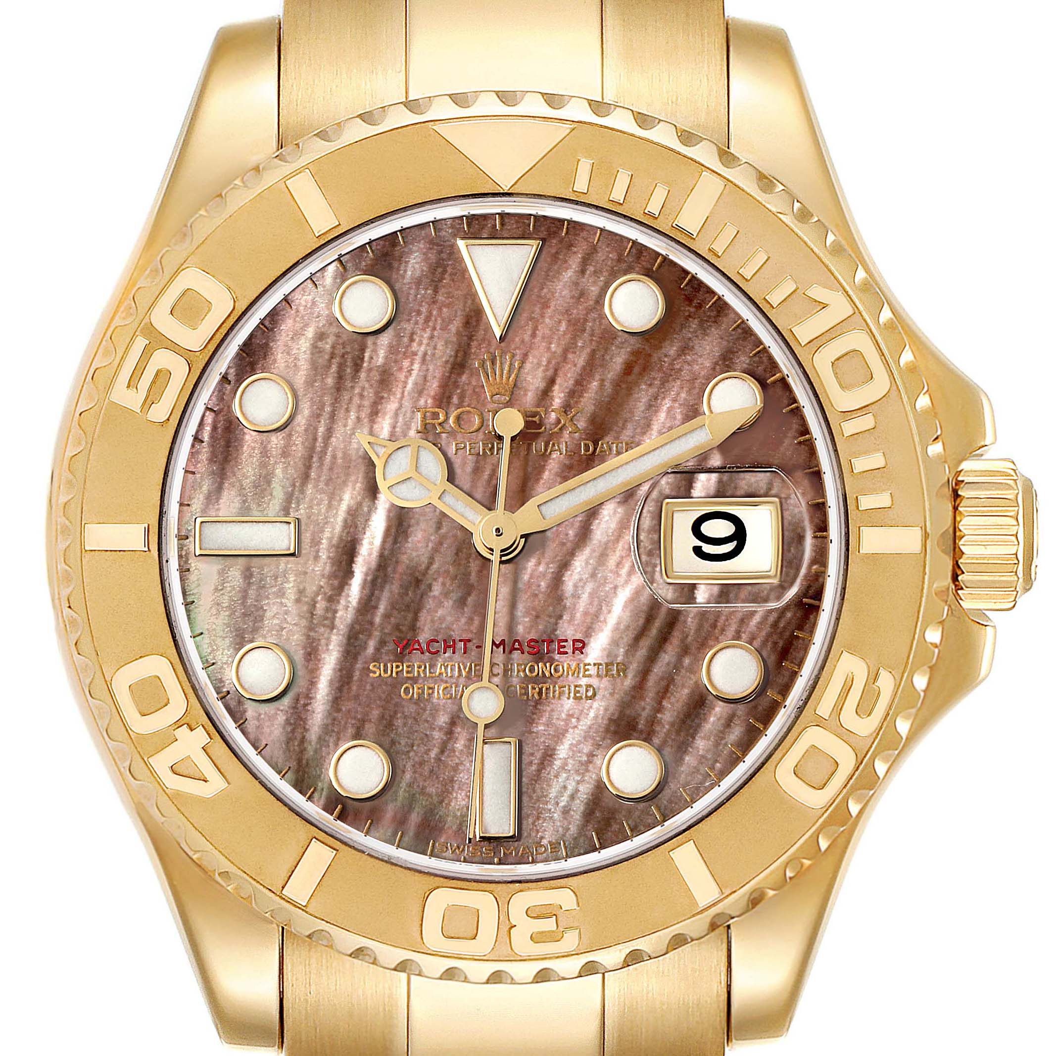 The image shows a front view of the Rolex Yacht-Master 16628 Men's Yellow Gold Mother of Pearl Dial 16628 Men's Yellow Gold Mother of Pearl Dial watch, highlighting its dial, bezel, hands, and date window.