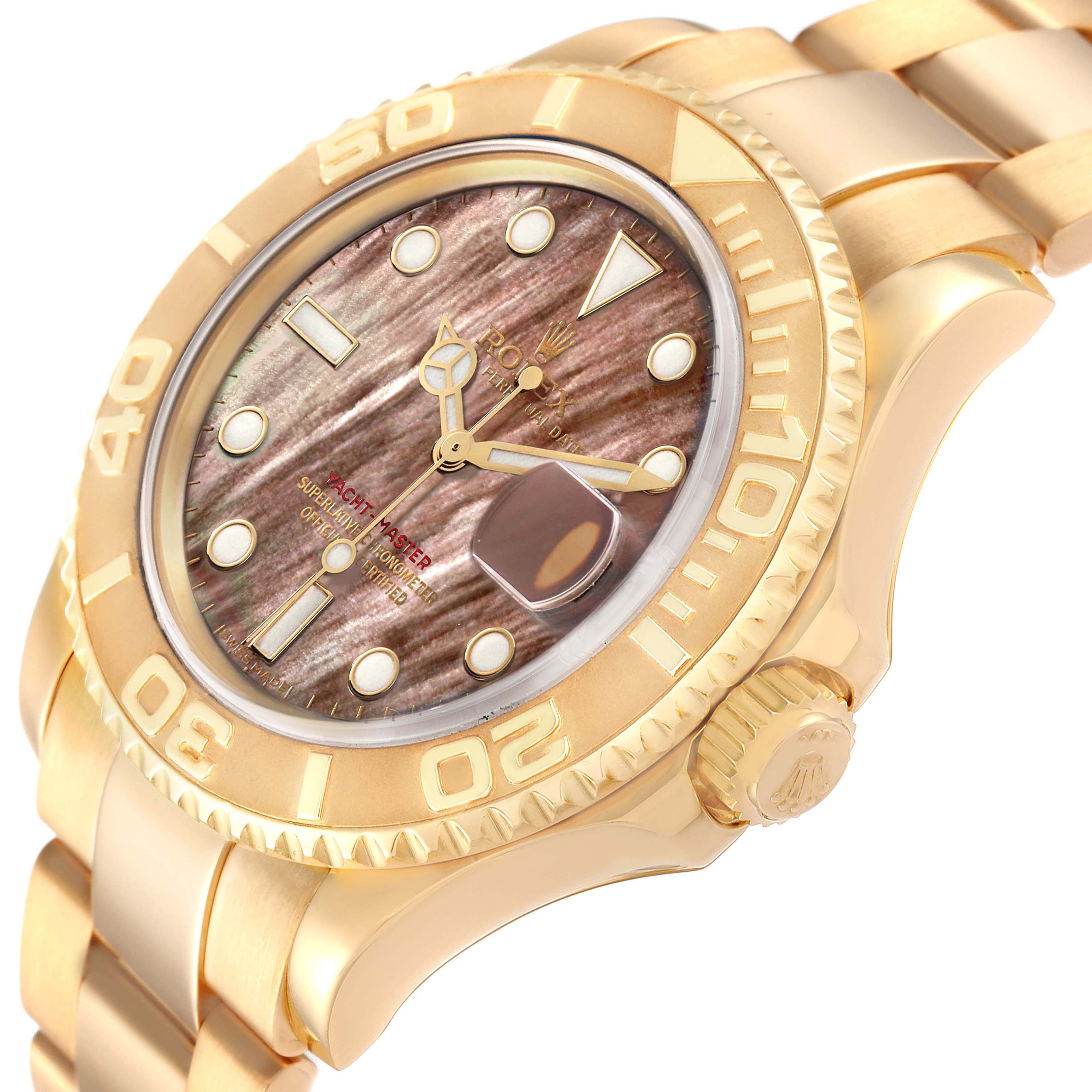 The image shows a close-up angle of the Rolex Yacht-Master 16628 Men's Yellow Gold Mother of Pearl Dial 16628 Men's Yellow Gold Mother of Pearl Dial watch, highlighting the dial, bezel, and part of the bracelet.