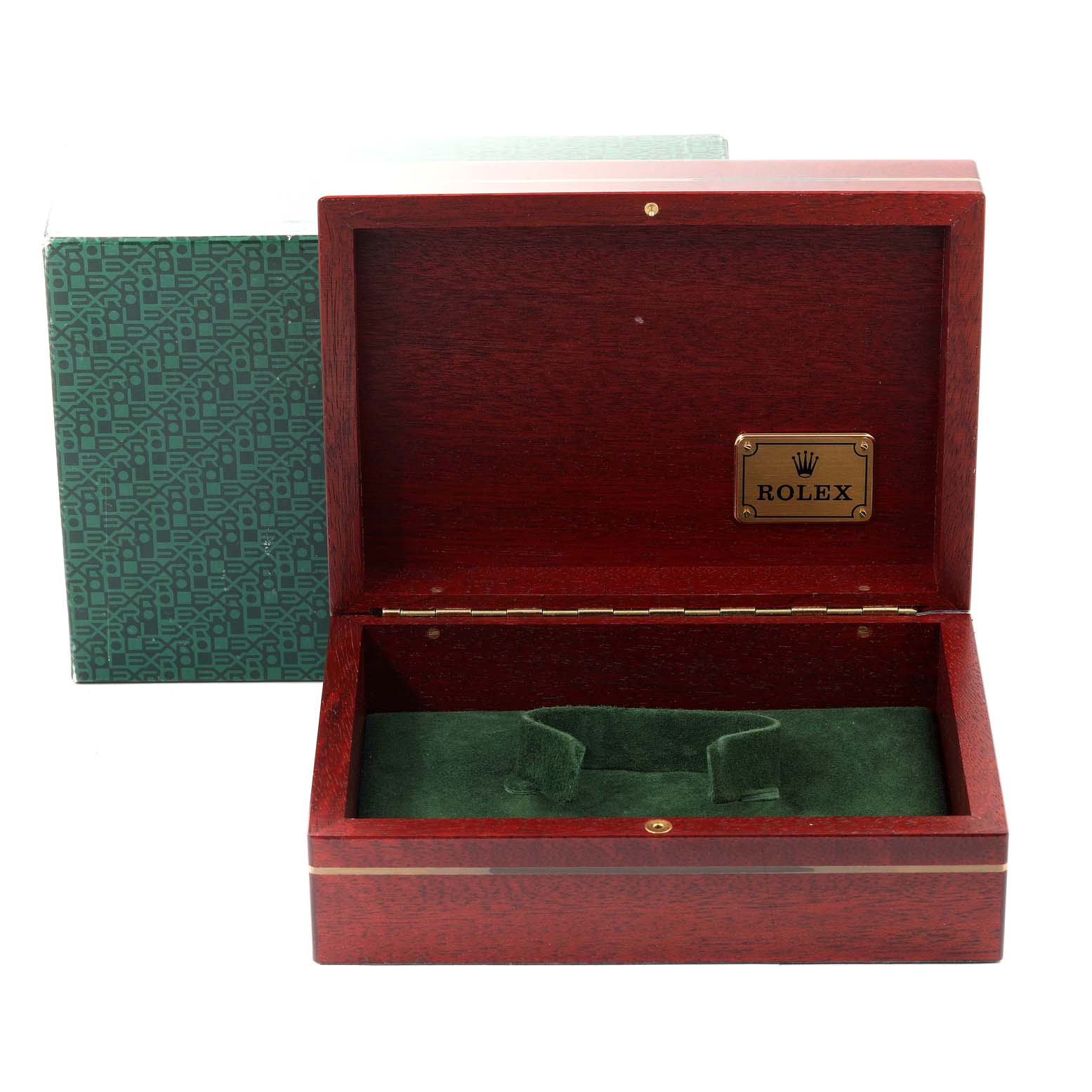 The image shows an open Rolex Yacht-Master 16628 Men's Yellow Gold Mother of Pearl Dial 16628 Men's Yellow Gold Mother of Pearl Dial watch box, revealing a green cushioned interior and exterior packaging.