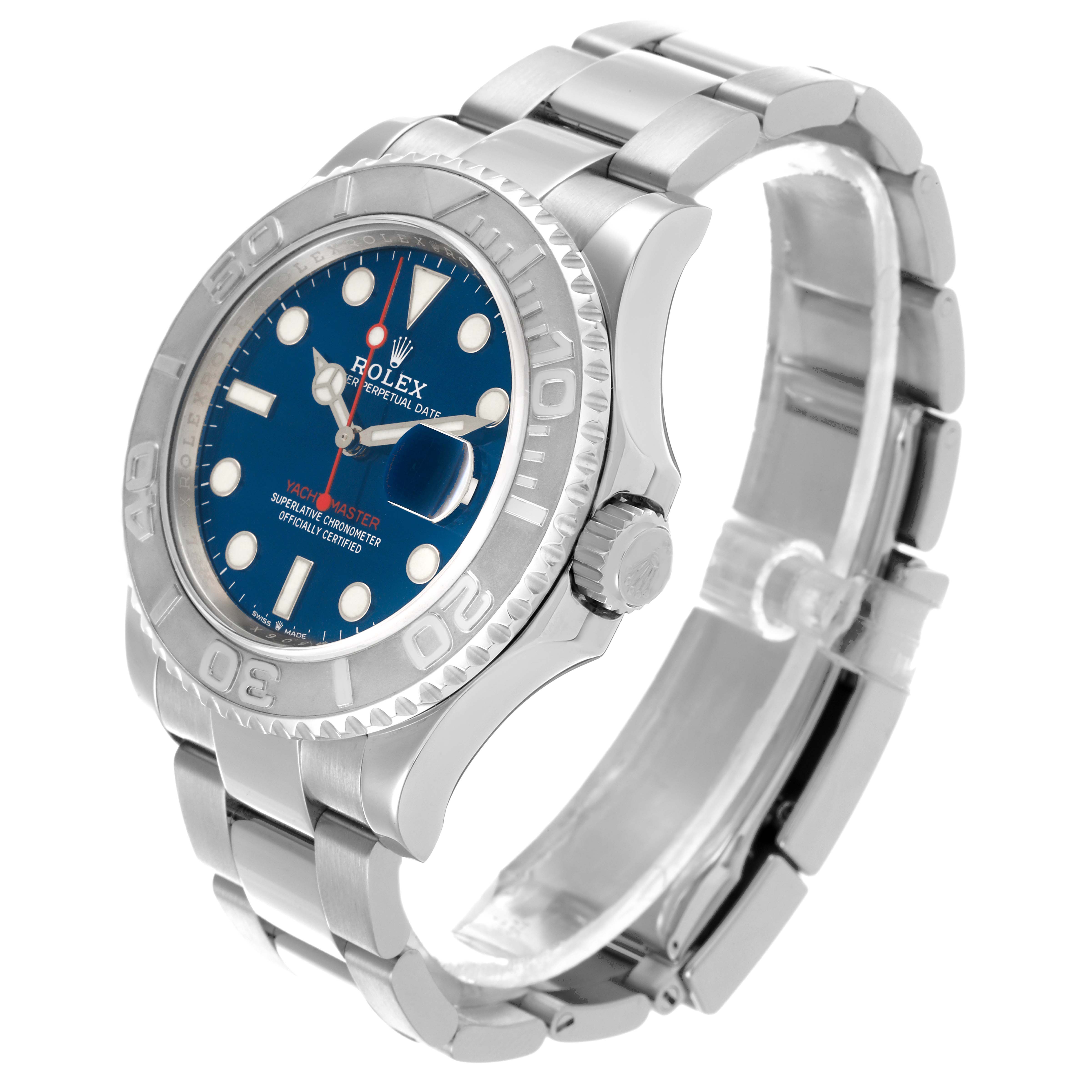 The Rolex Yacht-Master 126622 Men's Stainless Steel Blue Dial 126622 Men's Stainless Steel Blue Dial watch is shown at an angled side view, highlighting the bezel, dial, and bracelet.