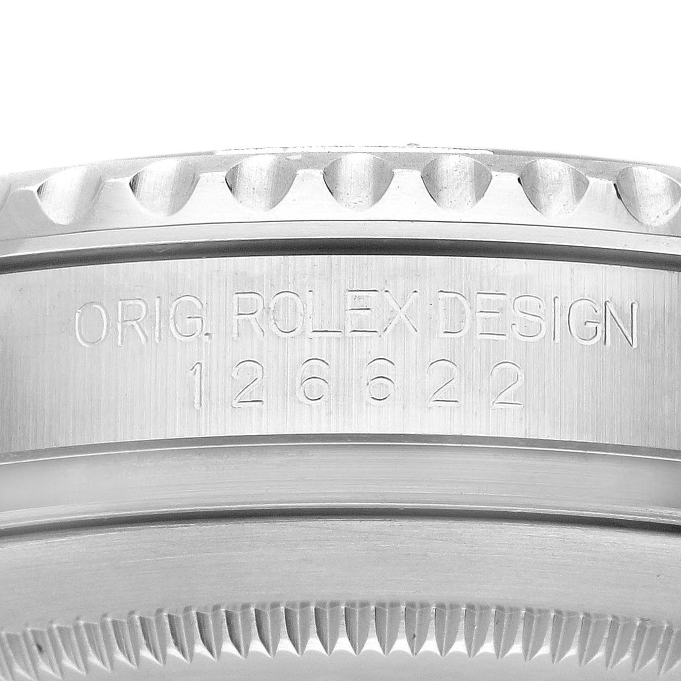 The image shows a close-up of the side of a Rolex Yacht-Master 126622 Men's Stainless Steel Blue Dial 126622 Men's Stainless Steel Blue Dial bezel with model engraving.