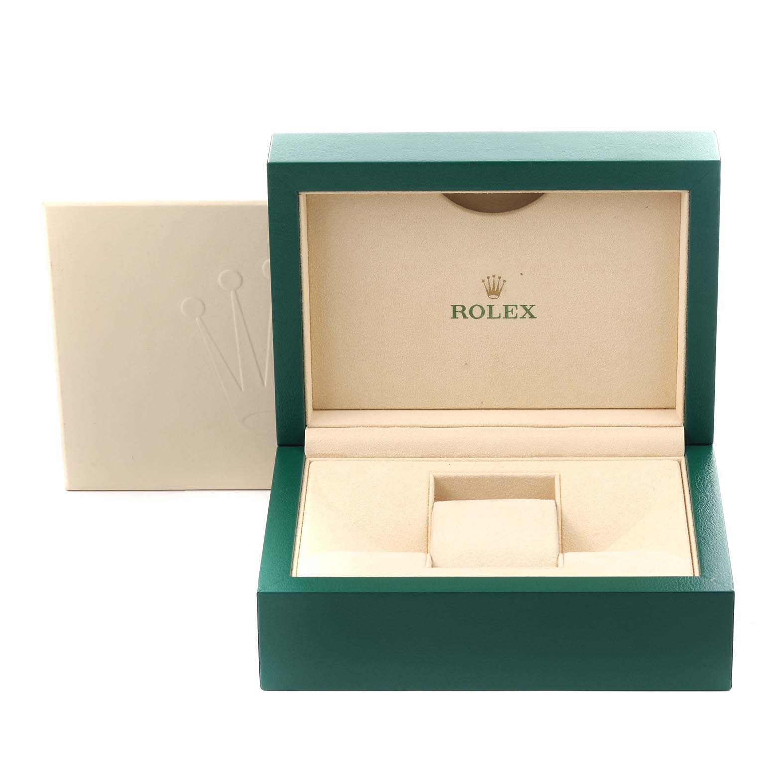 The image shows an open green Rolex Yacht-Master 126622 Men's Stainless Steel Blue Dial 126622 Men's Stainless Steel Blue Dial watch box with beige interior, viewed from the front.