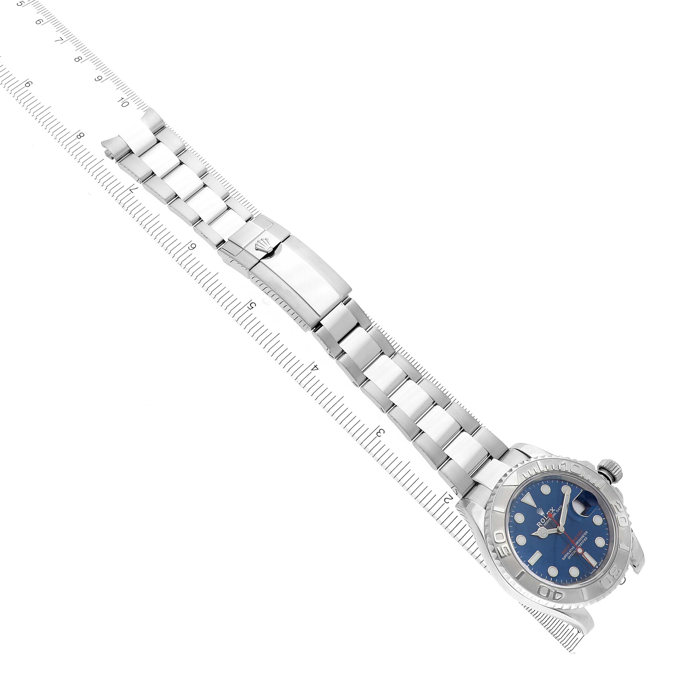 The Rolex Yacht-Master 126622 Men's Stainless Steel Blue Dial 126622 Men's Stainless Steel Blue Dial watch is displayed diagonally, showcasing its face, bezel, bracelet, and clasp.