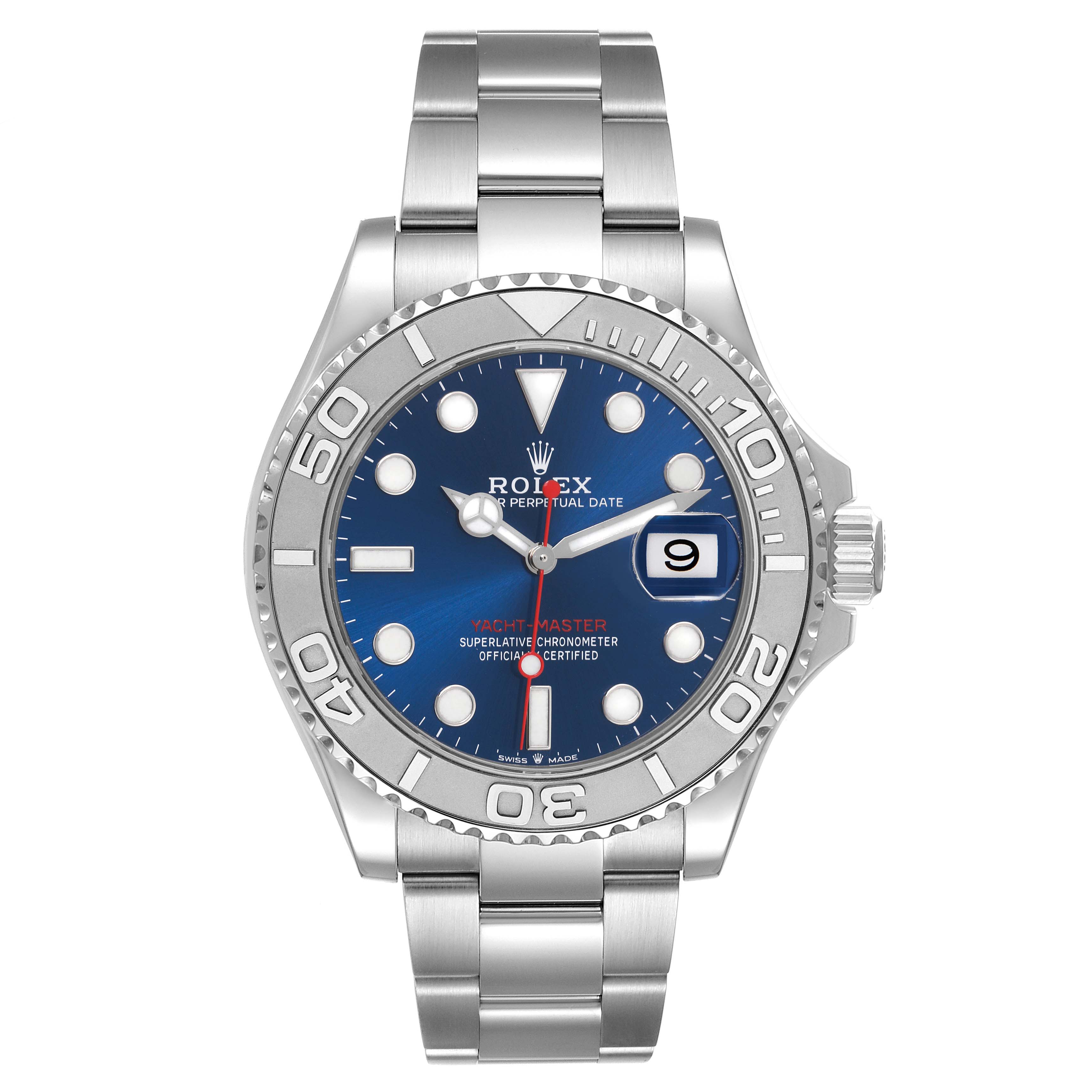 The Rolex Yacht-Master 126622 Men's Stainless Steel Blue Dial 126622 Men's Stainless Steel Blue Dial watch is shown from a front angle, displaying its face, bezel, and bracelet.