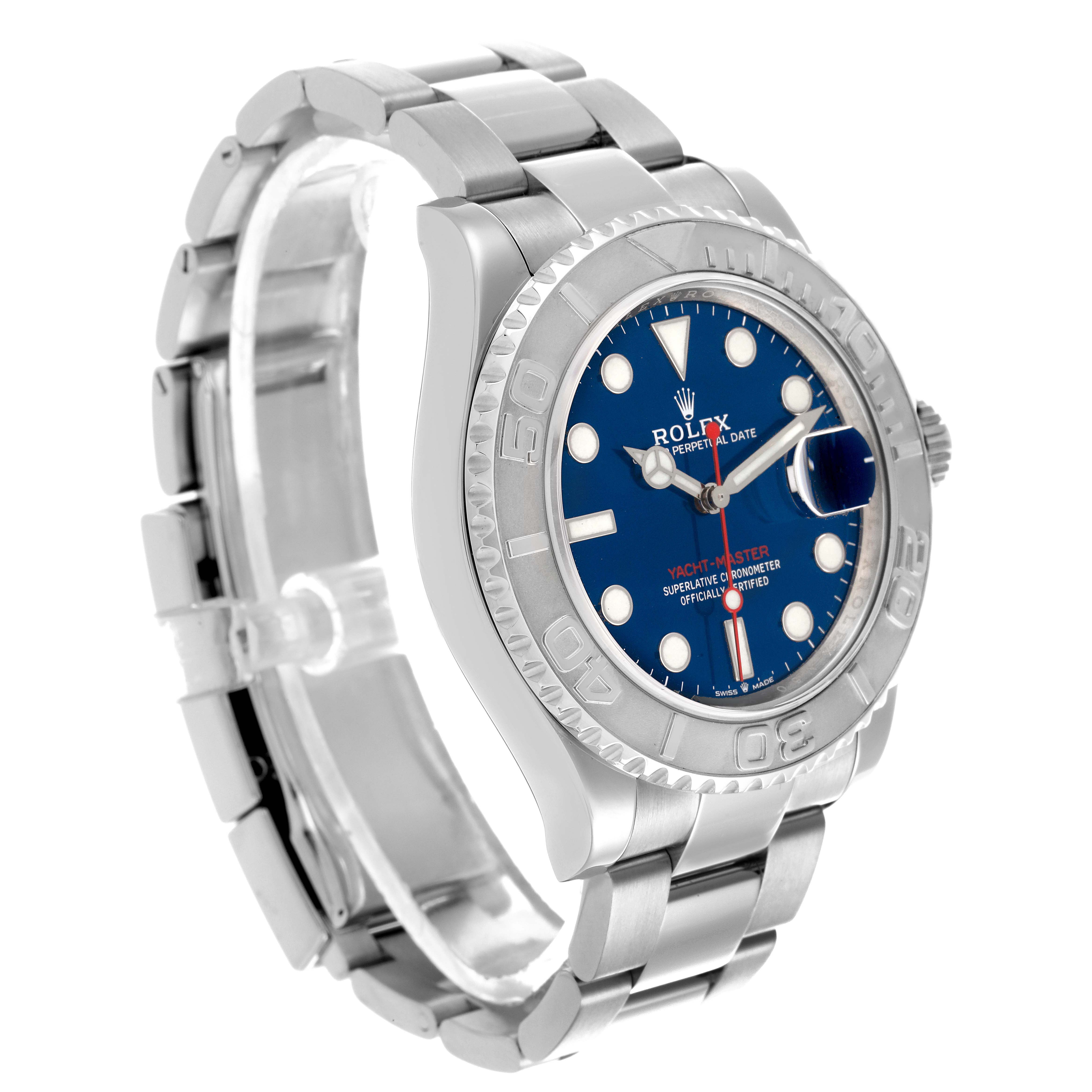 The Rolex Yacht-Master 126622 Men's Stainless Steel Blue Dial 126622 Men's Stainless Steel Blue Dial watch is shown from a side angle highlighting the face, bezel, and part of the bracelet.