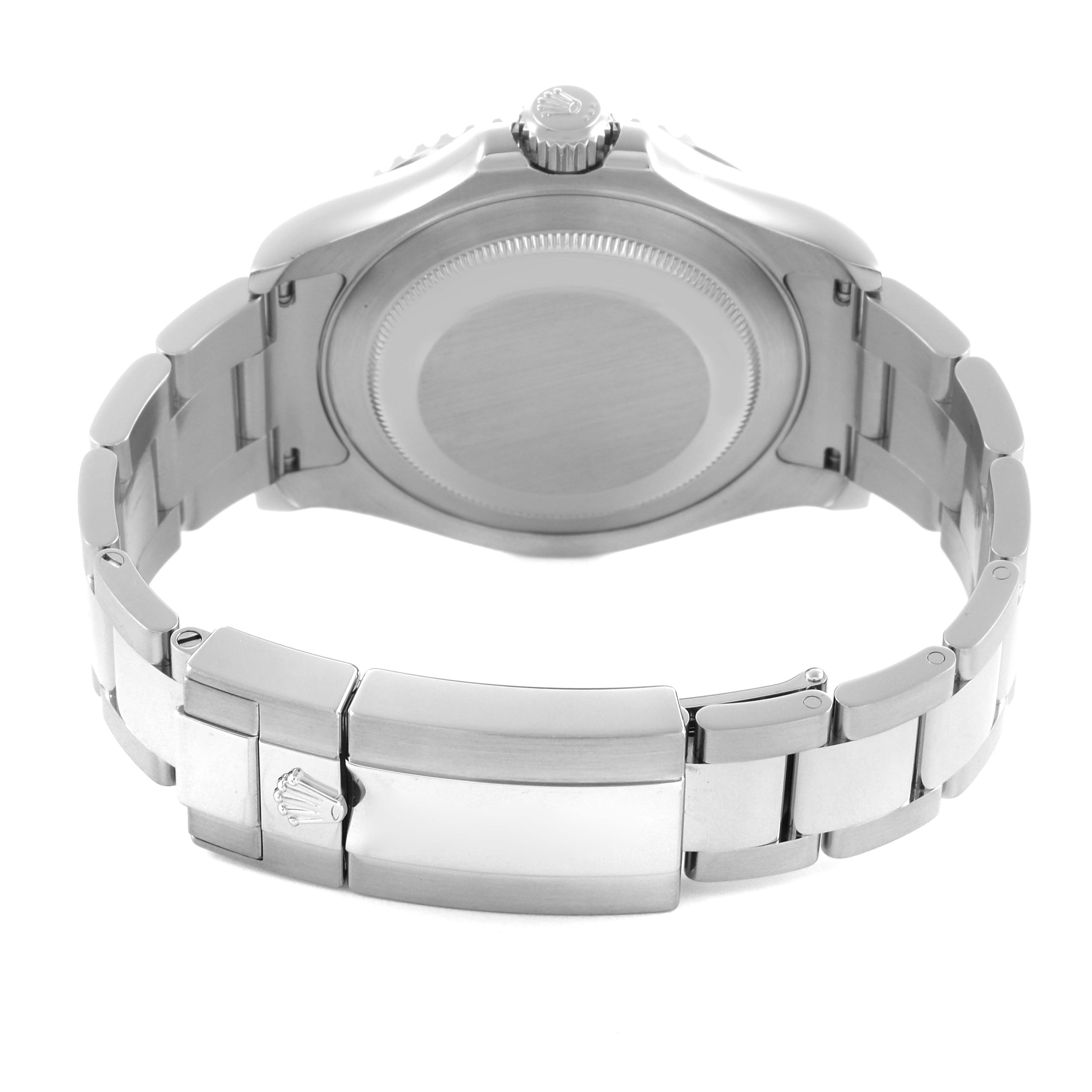 The Rolex Yacht-Master 126622 Men's Stainless Steel Blue Dial 126622 Men's Stainless Steel Blue Dial watch is shown from the back, highlighting the clasp and bracelet links.