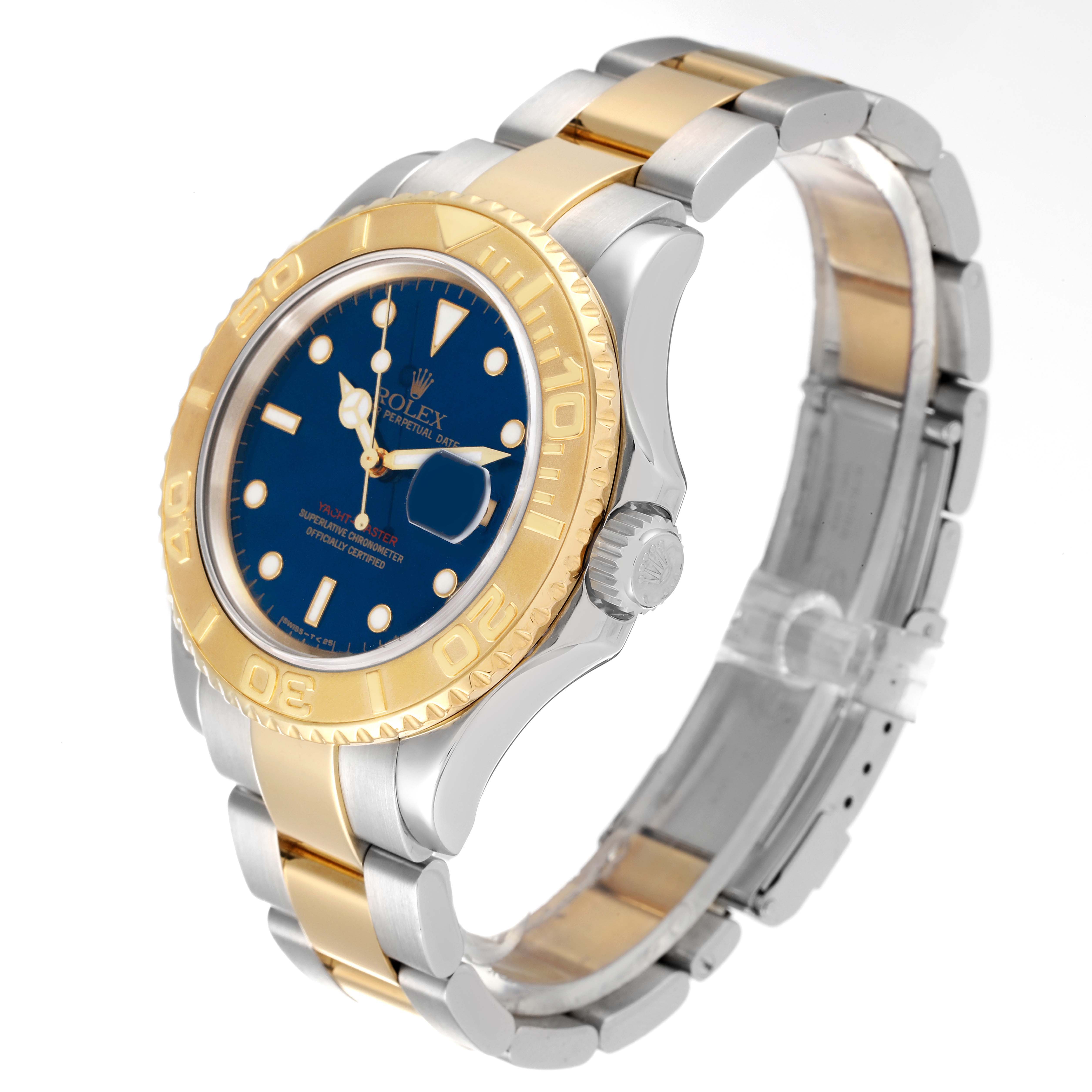 The Rolex Yacht-Master 16623 Men's Steel and Gold (two tone) Blue Dial 16623 Men's Steel and Gold (two tone) Blue Dial watch is shown at an angle displaying the face, bezel, and bracelet.