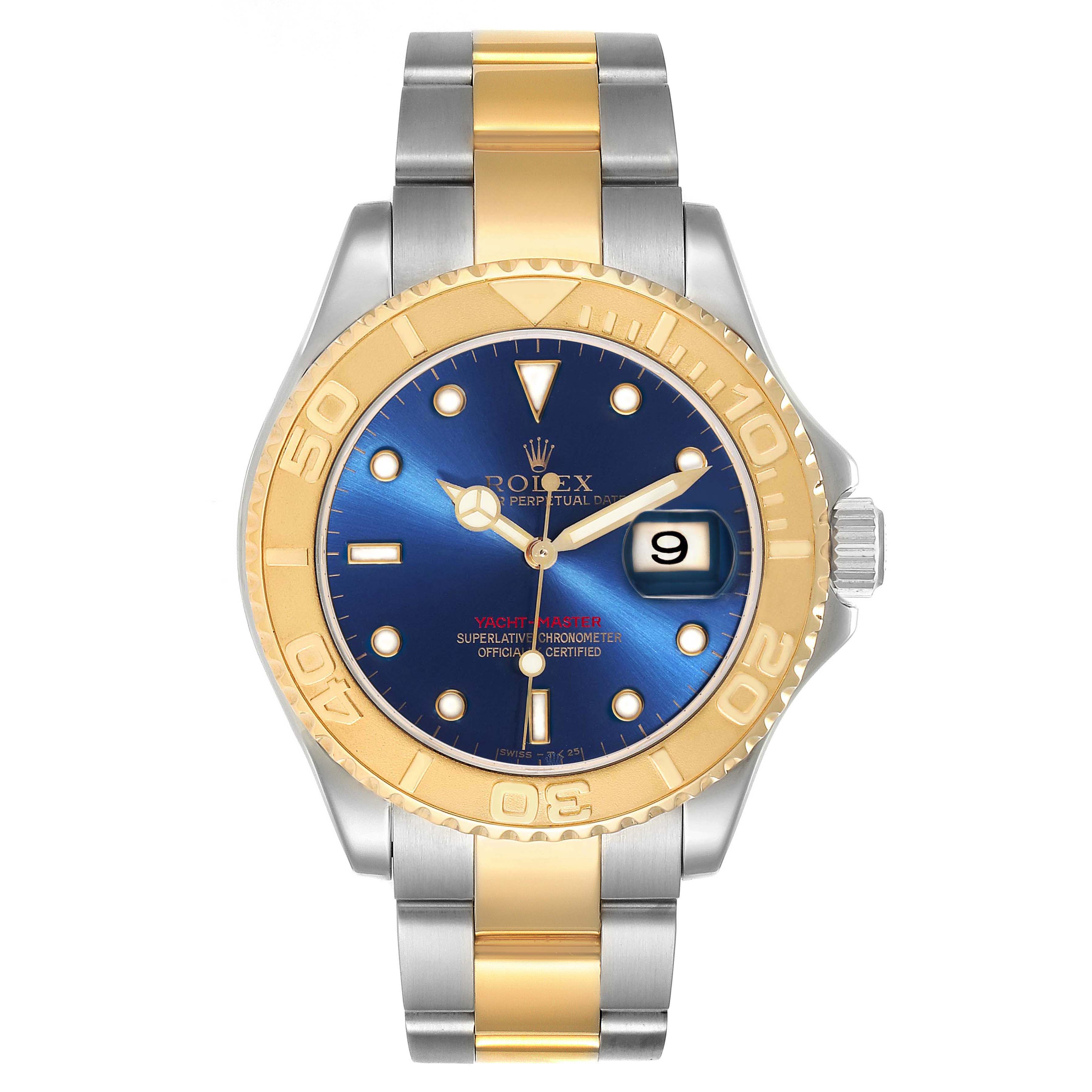 The image shows a front view of the Rolex Yacht-Master 16623 Men's Steel and Gold (two tone) Blue Dial 16623 Men's Steel and Gold (two tone) Blue Dial watch, highlighting its two-tone bracelet, blue dial, gold bezel, and date window.