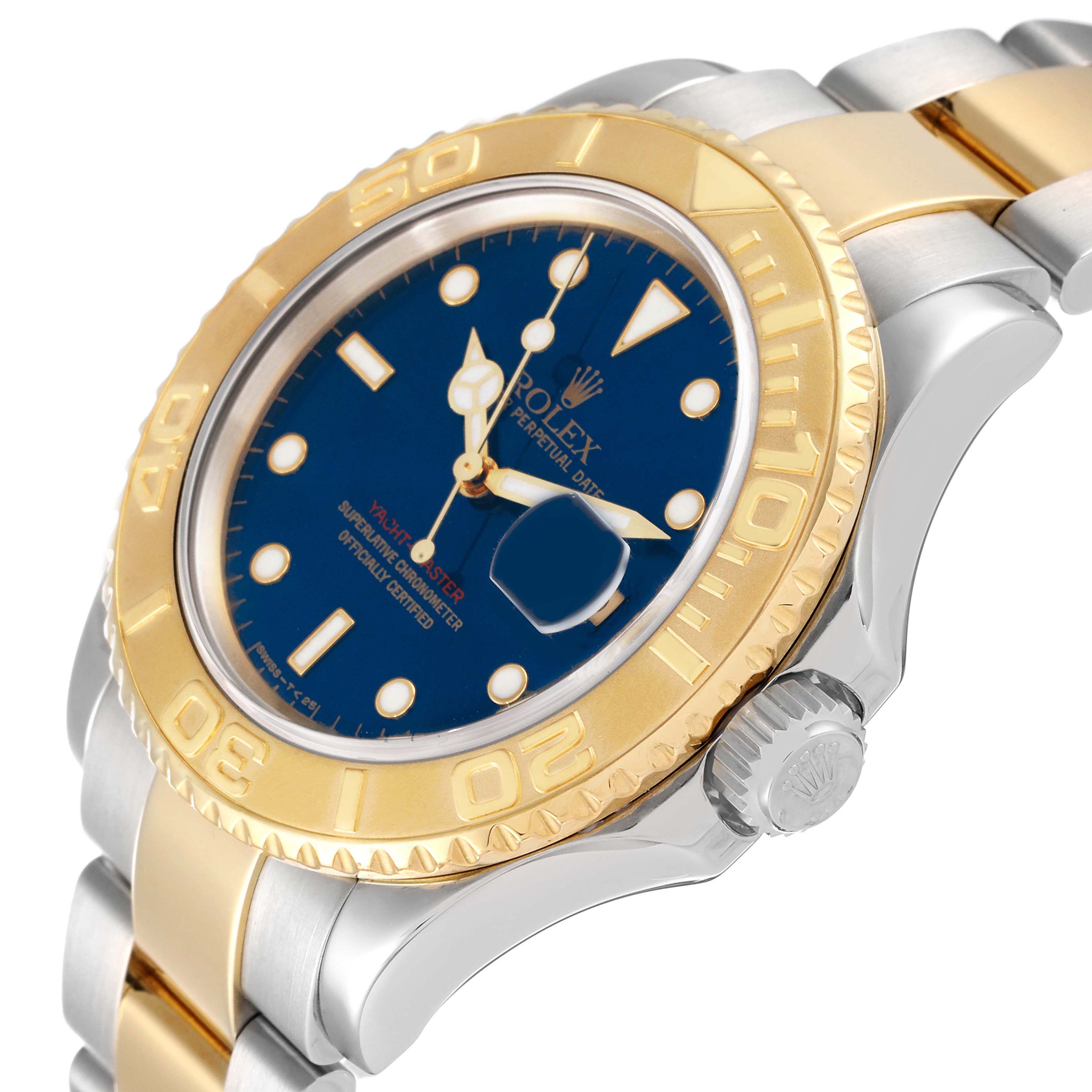 The image shows a Rolex Yacht-Master 16623 Men's Steel and Gold (two tone) Blue Dial 16623 Men's Steel and Gold (two tone) Blue Dial watch at an angled view, highlighting its bracelet, bezel, dial, and crown.