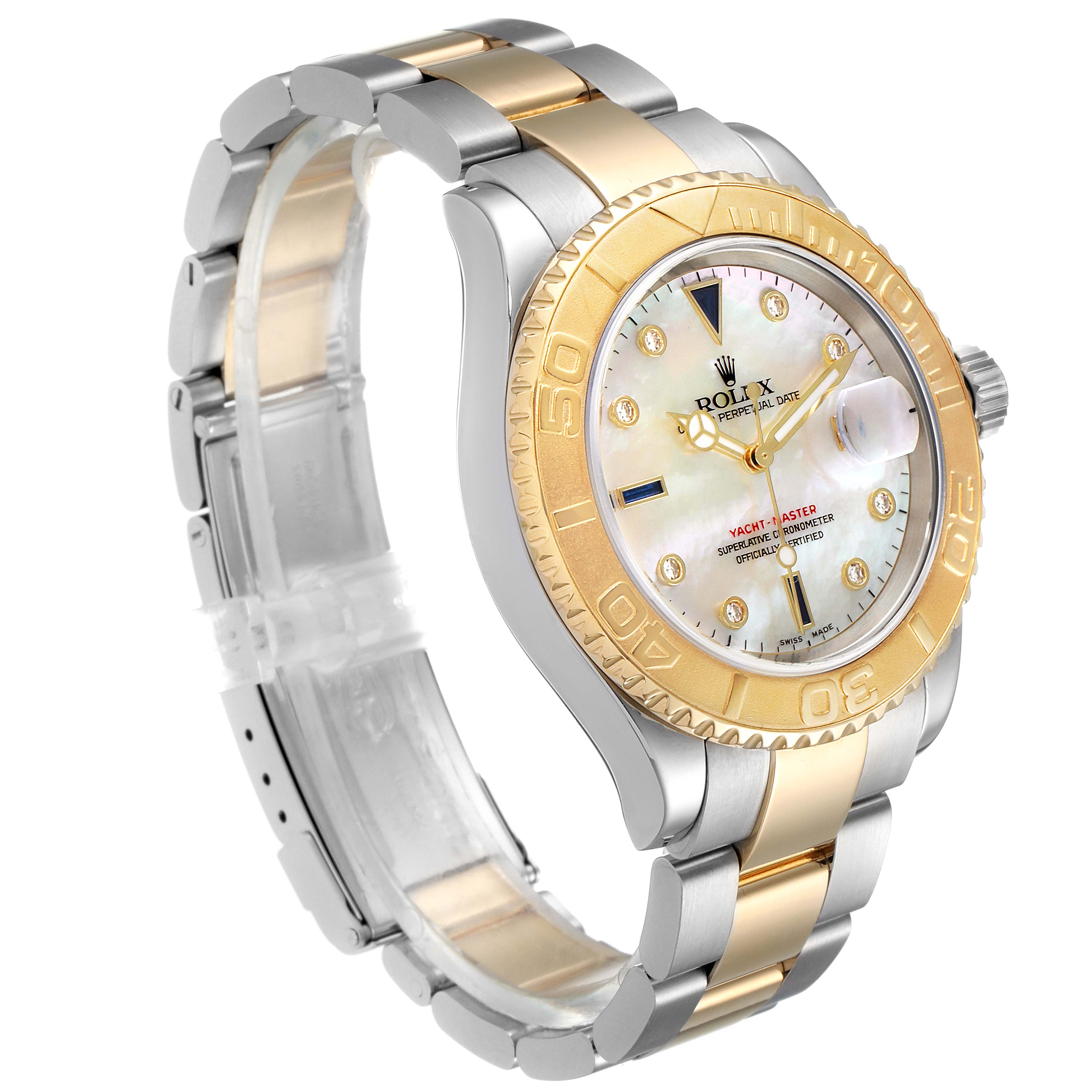 The Rolex Yacht-Master 16623 Men's Steel and Gold (two tone) Mother of Pearl Dial 16623 Men's Steel and Gold (two tone) Mother of Pearl Dial watch is shown at a three-quarter angle, highlighting the face, bezel, crown, and two-tone bracelet.