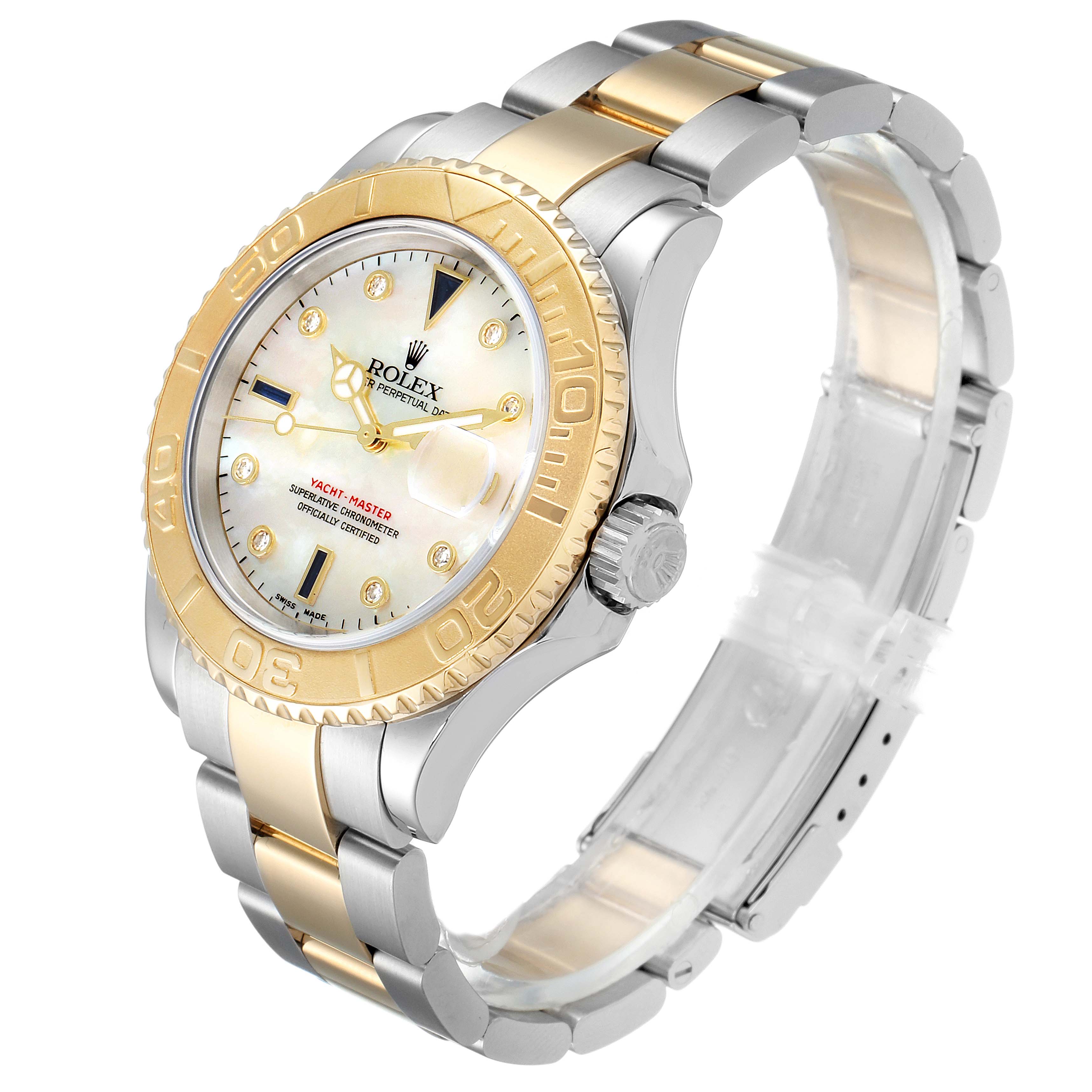 The image shows a Rolex Yacht-Master 16623 Men's Steel and Gold (two tone) Mother of Pearl Dial 16623 Men's Steel and Gold (two tone) Mother of Pearl Dial model watch at a three-quarter angle, highlighting the bezel, dial, bracelet, and crown.