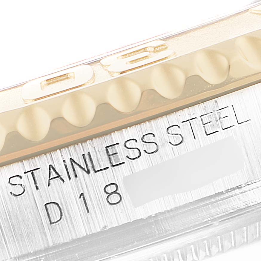 The image shows a close-up angle of the stainless steel casing and partial bezel of a Rolex Yacht-Master 16623 Men's Steel and Gold (two tone) Mother of Pearl Dial 16623 Men's Steel and Gold (two tone) Mother of Pearl Dial watch.