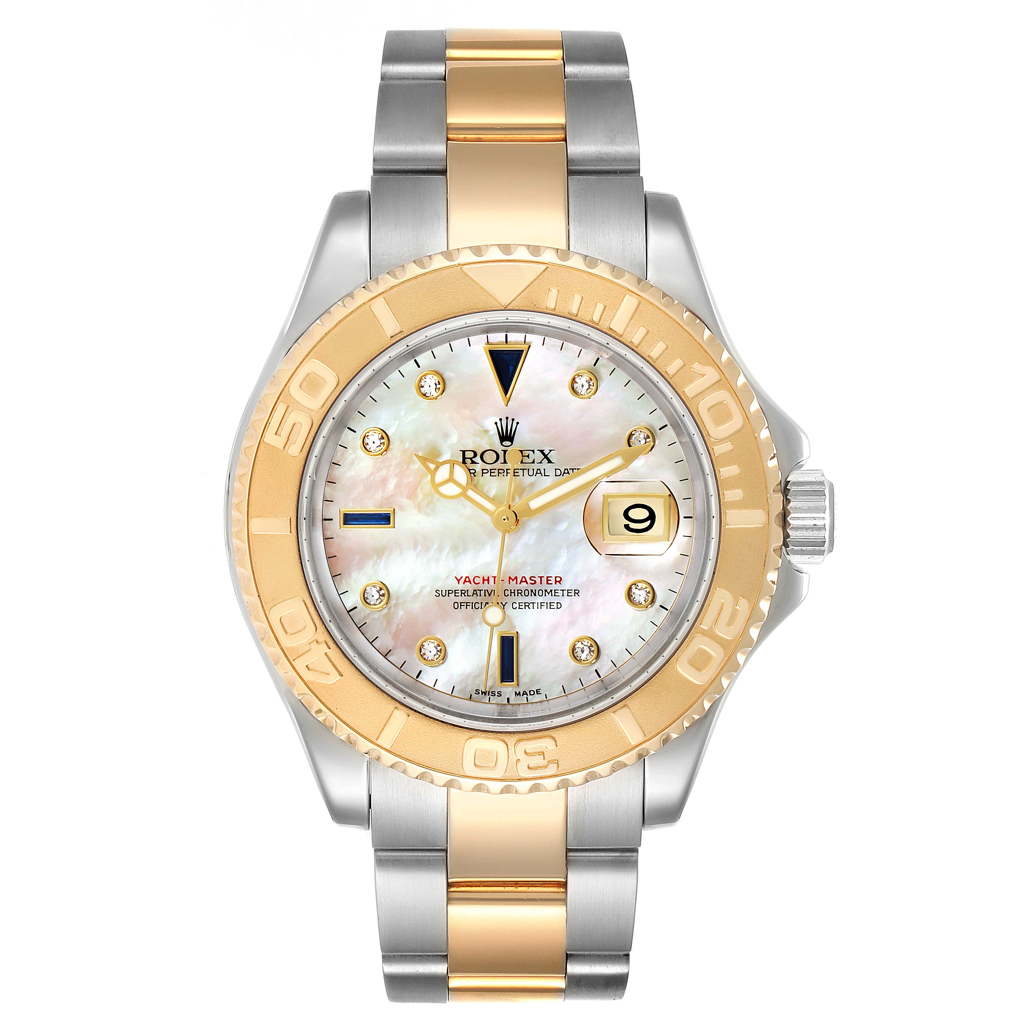 This image shows a frontal view of a Rolex Yacht-Master 16623 Men's Steel and Gold (two tone) Mother of Pearl Dial 16623 Men's Steel and Gold (two tone) Mother of Pearl Dial watch, displaying the dial, bezel, and bracelet.