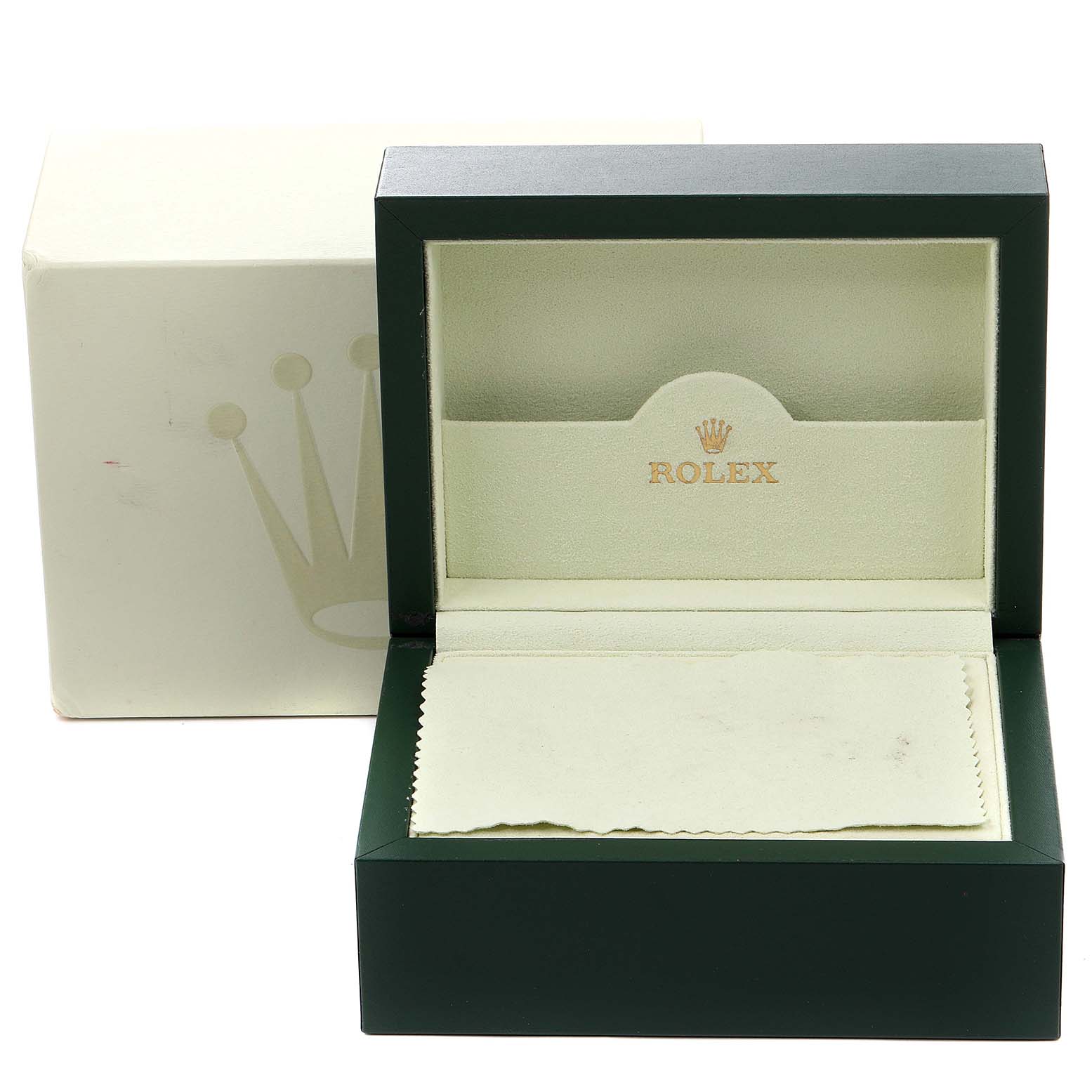 The image shows the open green and cream-colored box of the Rolex Yacht-Master 16623 Men's Steel and Gold (two tone) Mother of Pearl Dial 16623 Men's Steel and Gold (two tone) Mother of Pearl Dial, displaying the Rolex logo inside.