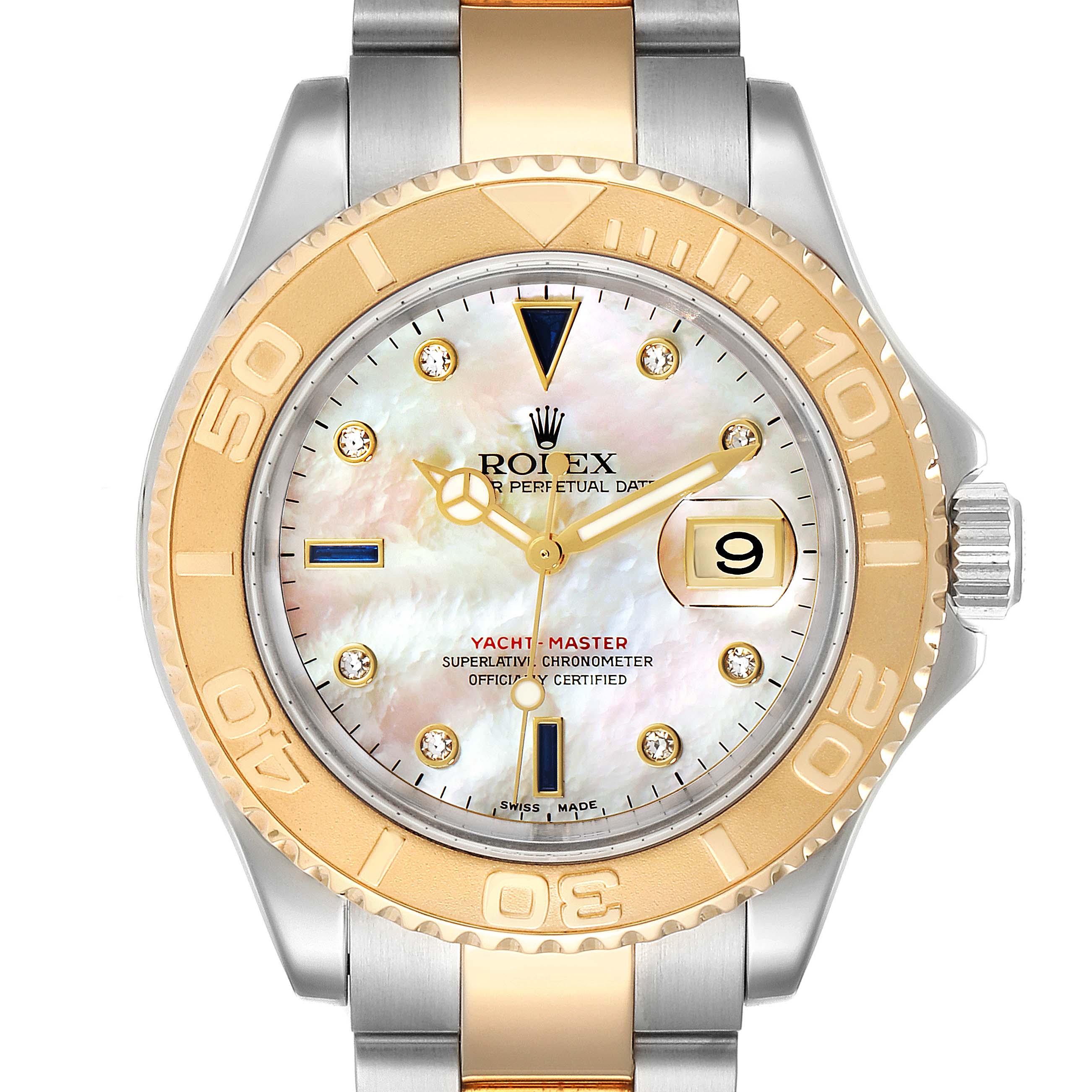 The Rolex Yacht-Master 16623 Men's Steel and Gold (two tone) Mother of Pearl Dial 16623 Men's Steel and Gold (two tone) Mother of Pearl Dial watch is shown from the front, highlighting the dial, bezel, hands, and part of the metal bracelet.