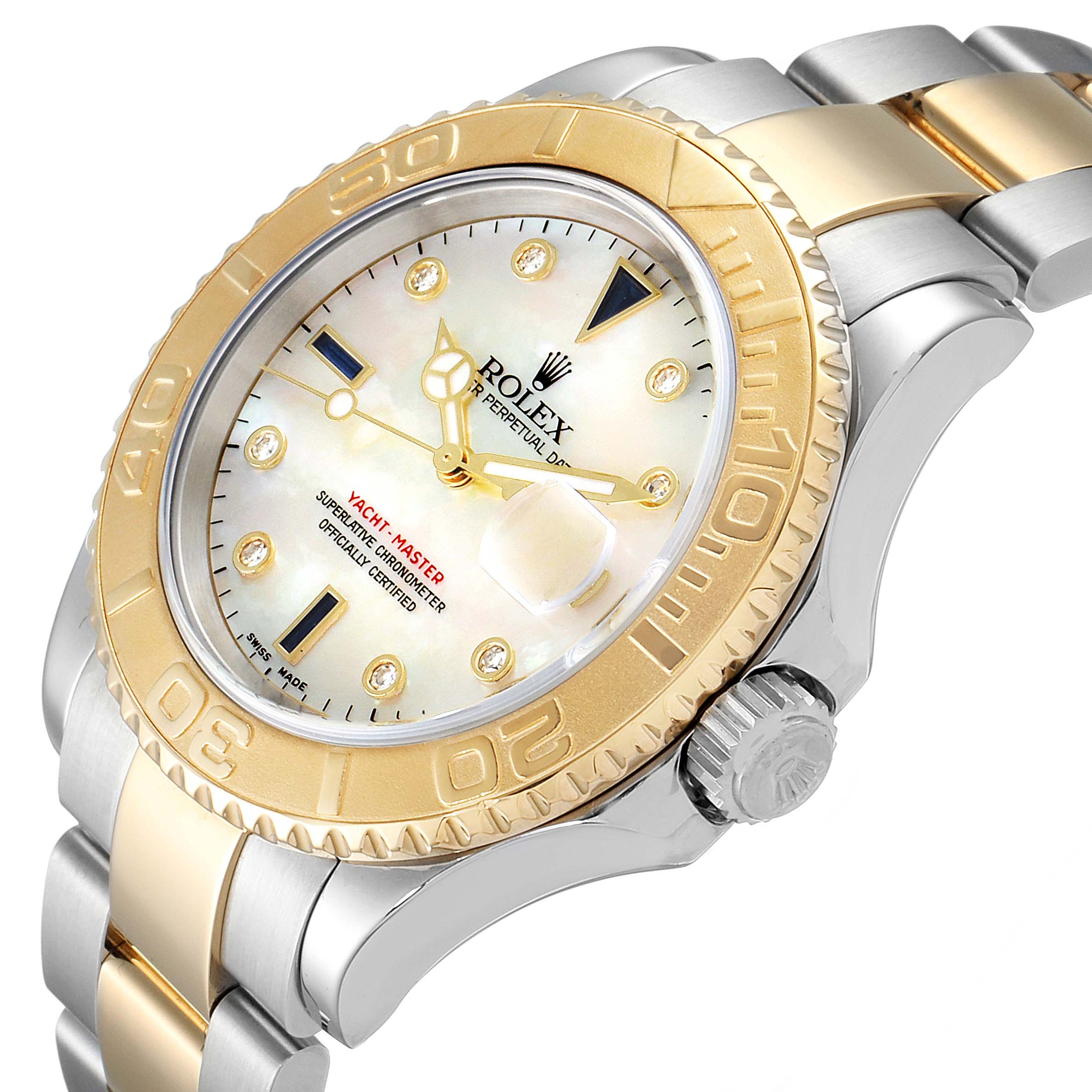 The Rolex Yacht-Master 16623 Men's Steel and Gold (two tone) Mother of Pearl Dial 16623 Men's Steel and Gold (two tone) Mother of Pearl Dial watch is shown at a three-quarter angle, highlighting the dial, bezel, crown, and bracelet.