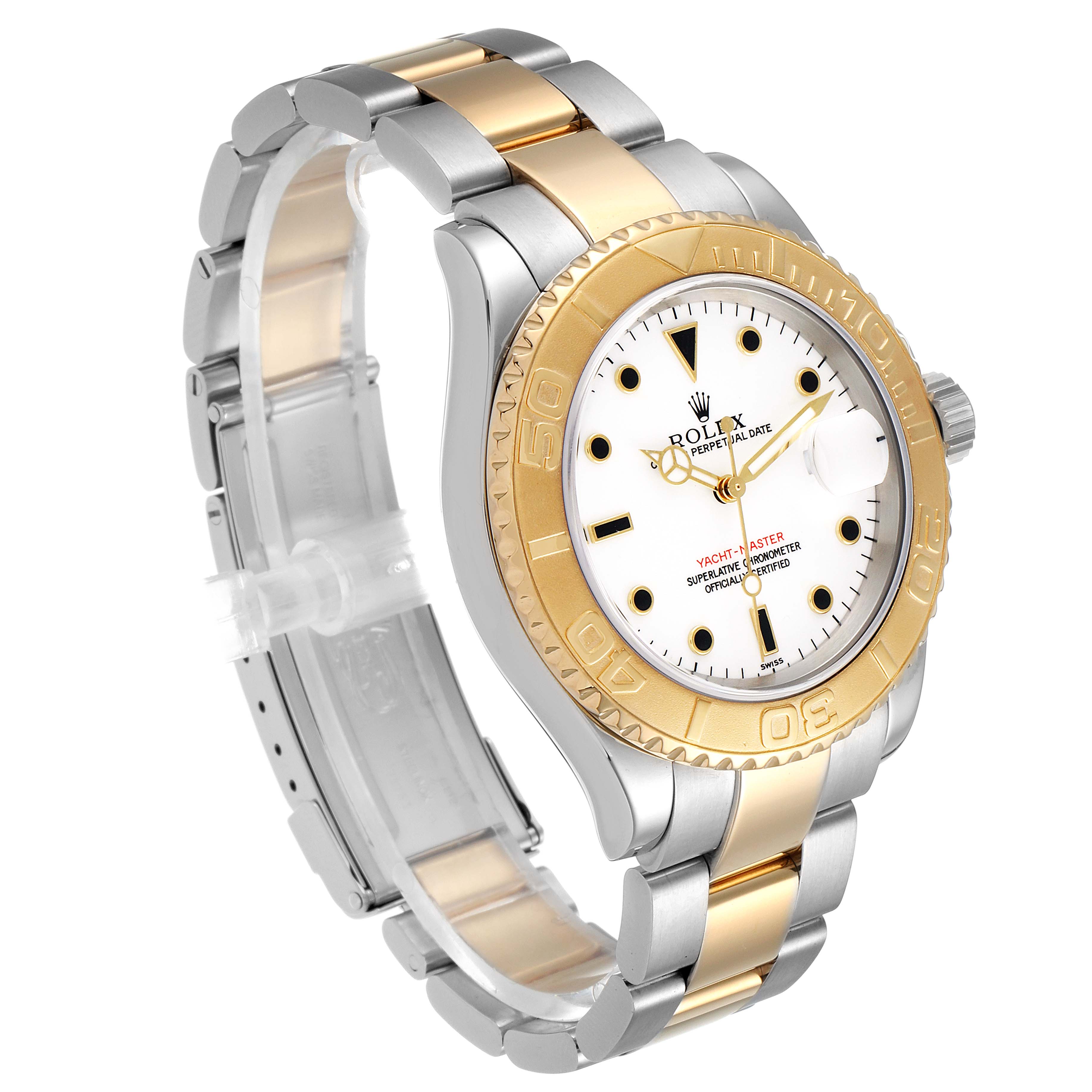 The image shows a side angle of the Rolex Yacht-Master 16623 Men's Steel and Gold (two tone) White Dial 16623 Men's Steel and Gold (two tone) White Dial watch, displaying its bracelet, bezel, dial, and crown.
