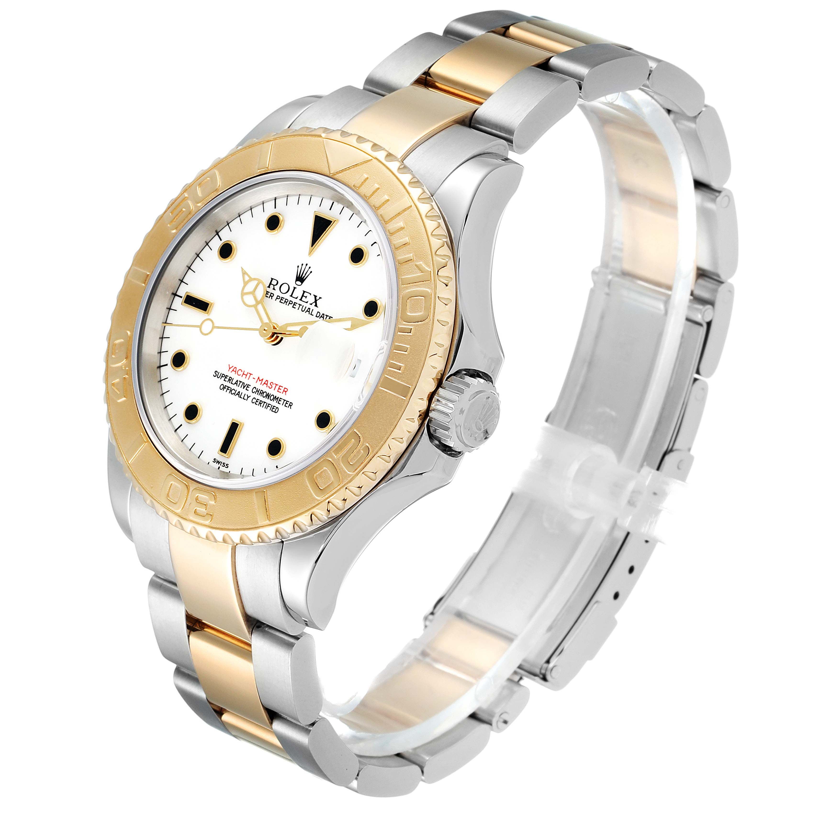The image shows a Rolex Yacht-Master 16623 Men's Steel and Gold (two tone) White Dial 16623 Men's Steel and Gold (two tone) White Dial watch at an angled side view, highlighting its two-tone band, bezel, and face.