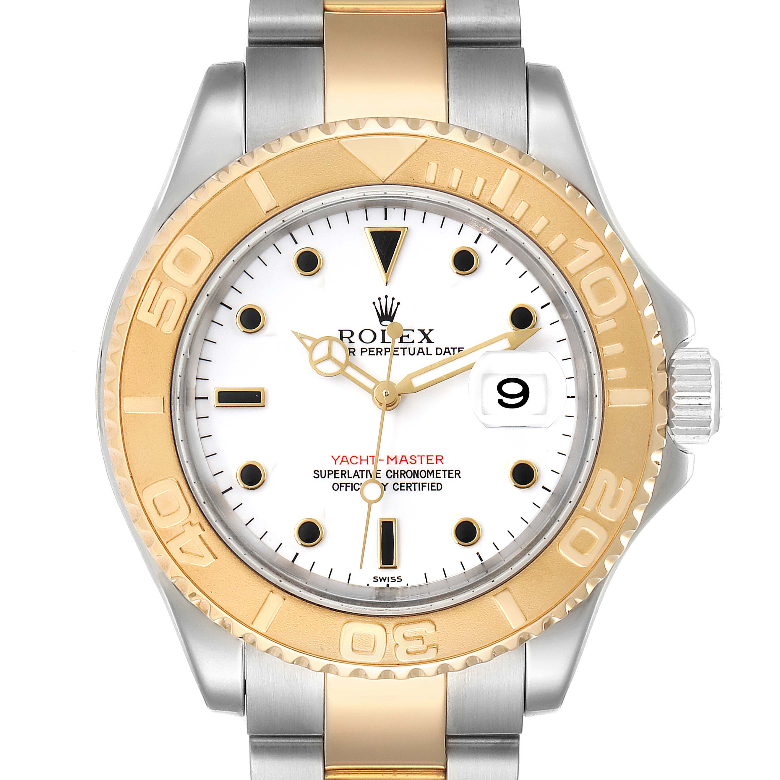 This Rolex Yacht-Master 16623 Men's Steel and Gold (two tone) White Dial 16623 Men's Steel and Gold (two tone) White Dial model watch is shown from the front, displaying the dial, bezel, hands, markers, and part of the bracelet.