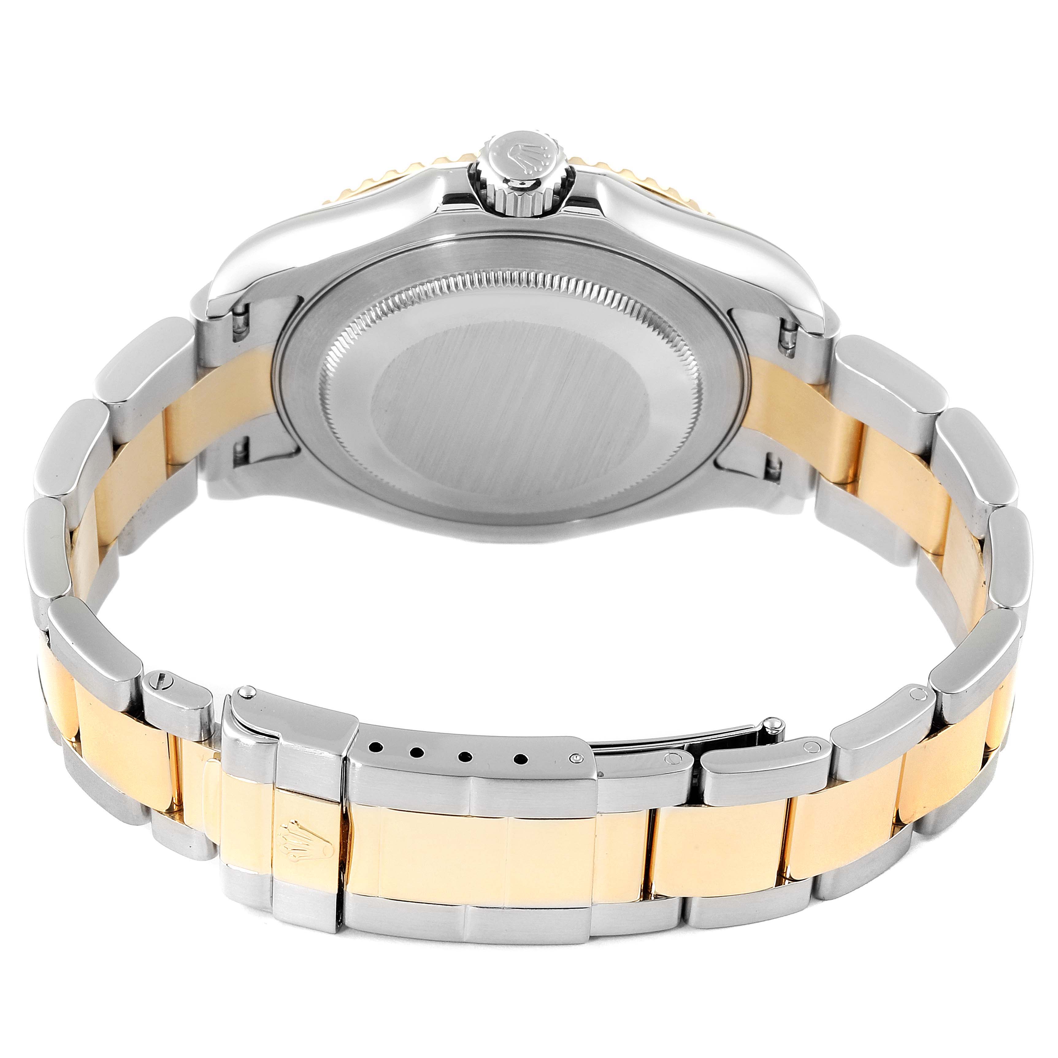 The image shows the back and bracelet of a Rolex Yacht-Master 16623 Men's Steel and Gold (two tone) White Dial 16623 Men's Steel and Gold (two tone) White Dial watch, highlighting the clasp and crown.