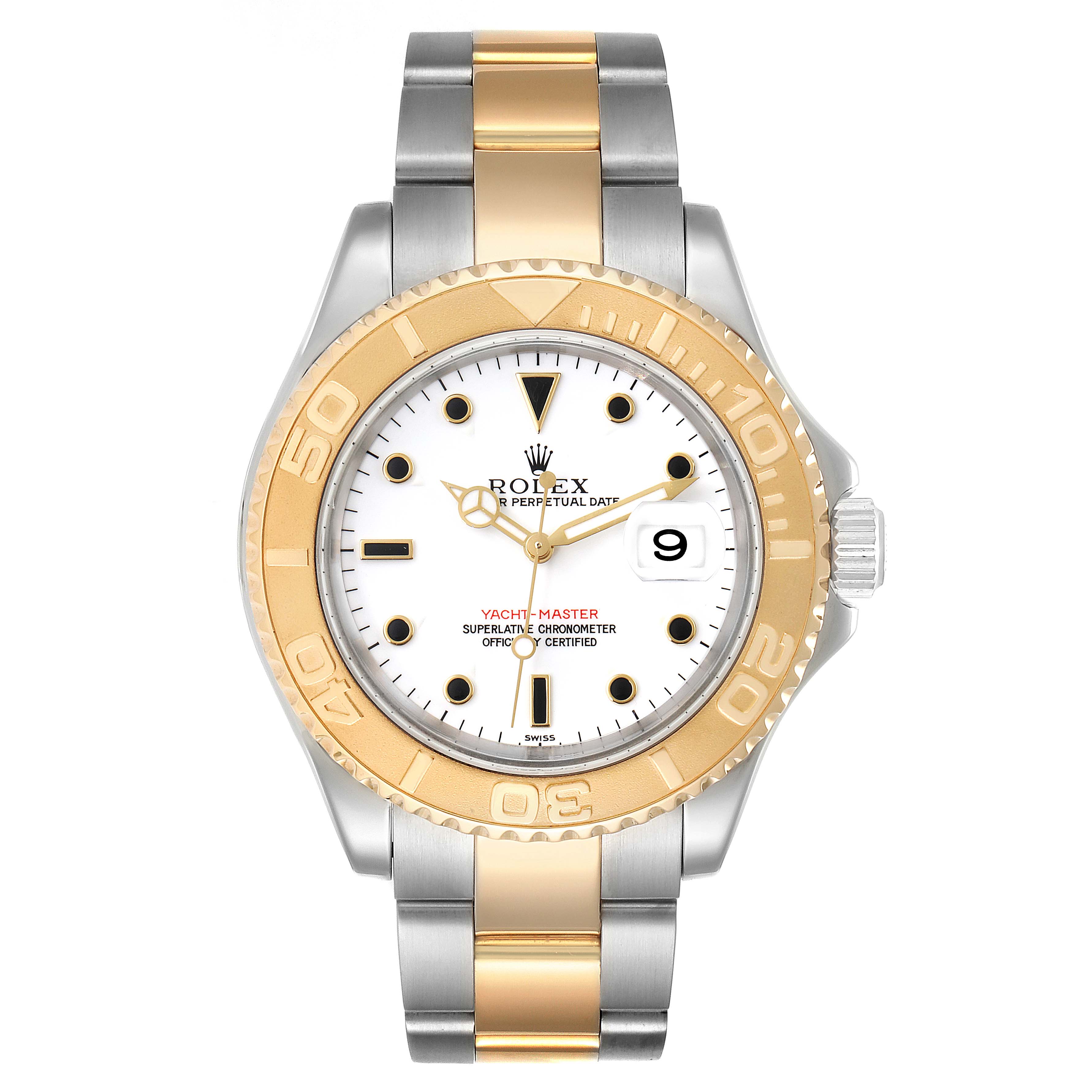 The image shows a front view of a Rolex Yacht-Master 16623 Men's Steel and Gold (two tone) White Dial 16623 Men's Steel and Gold (two tone) White Dial watch displaying its dial, bezel, crown, and bracelet.