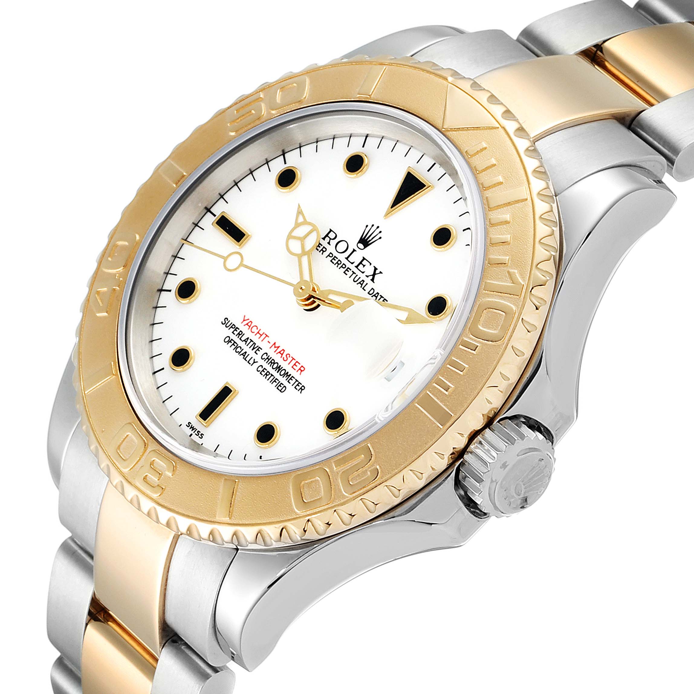 The Rolex Yacht-Master 16623 Men's Steel and Gold (two tone) White Dial 16623 Men's Steel and Gold (two tone) White Dial watch is shown at an angle highlighting the bezel, dial, and part of the bracelet.