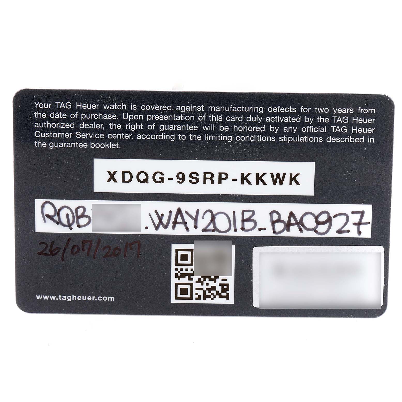 The image shows the guarantee card for the Tag Heuer Aquaracer WAY201B Men
s Stainless Steel Blue Dial WAY201B Men
s Stainless Steel Blue Dial watch model.