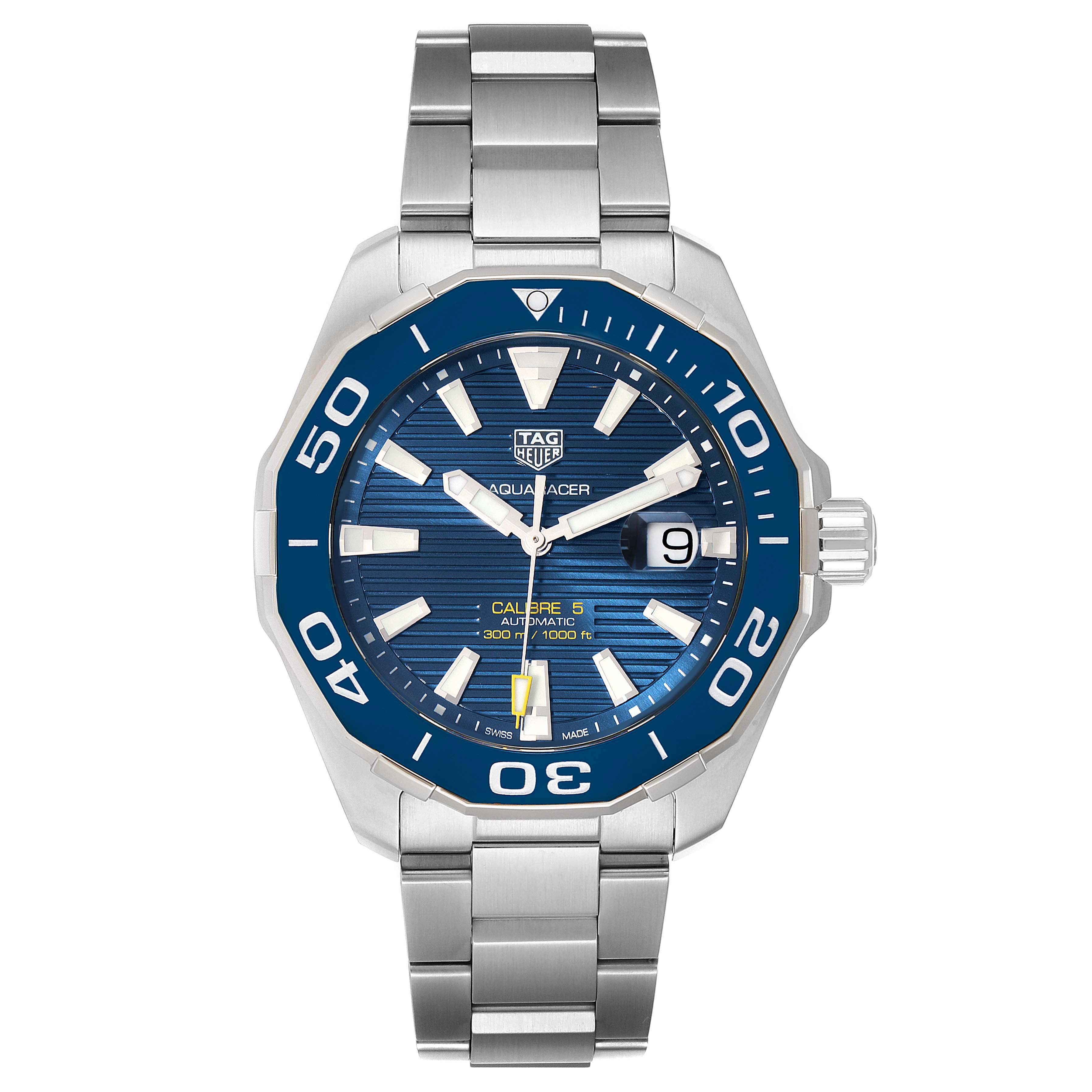 The image shows a front view of the Tag Heuer Aquaracer WAY201B Men
s Stainless Steel Blue Dial WAY201B Men
s Stainless Steel Blue Dial watch, highlighting its blue dial, bezel, and metal bracelet.