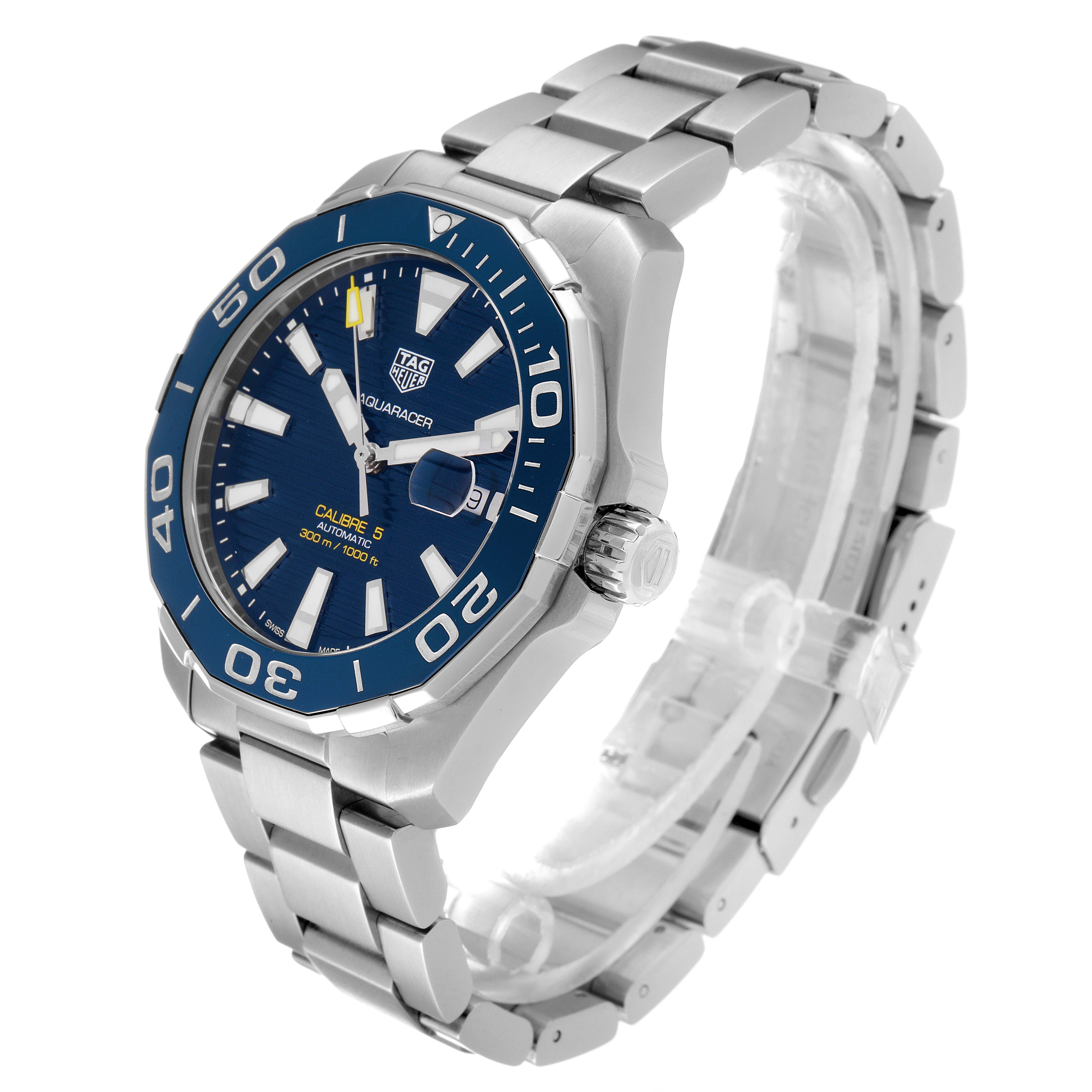 The image shows a Tag Heuer Aquaracer WAY201B Men
s Stainless Steel Blue Dial WAY201B Men
s Stainless Steel Blue Dial watch at a three-quarter angle, highlighting the face, bezel, and stainless steel bracelet.