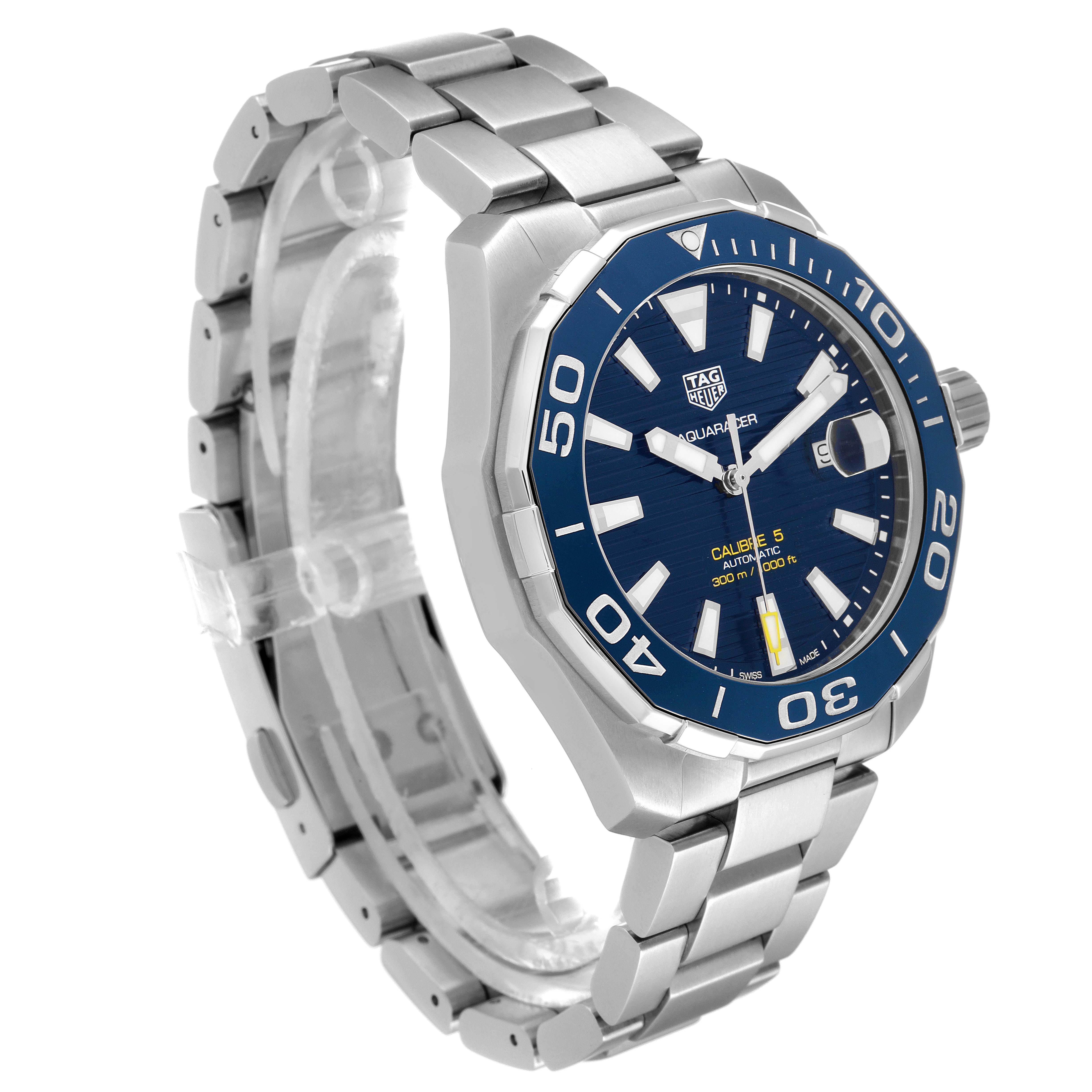The image shows a Tag Heuer Aquaracer WAY201B Men
s Stainless Steel Blue Dial WAY201B Men
s Stainless Steel Blue Dial watch at a three-quarter angle, highlighting the face, bezel, and bracelet.