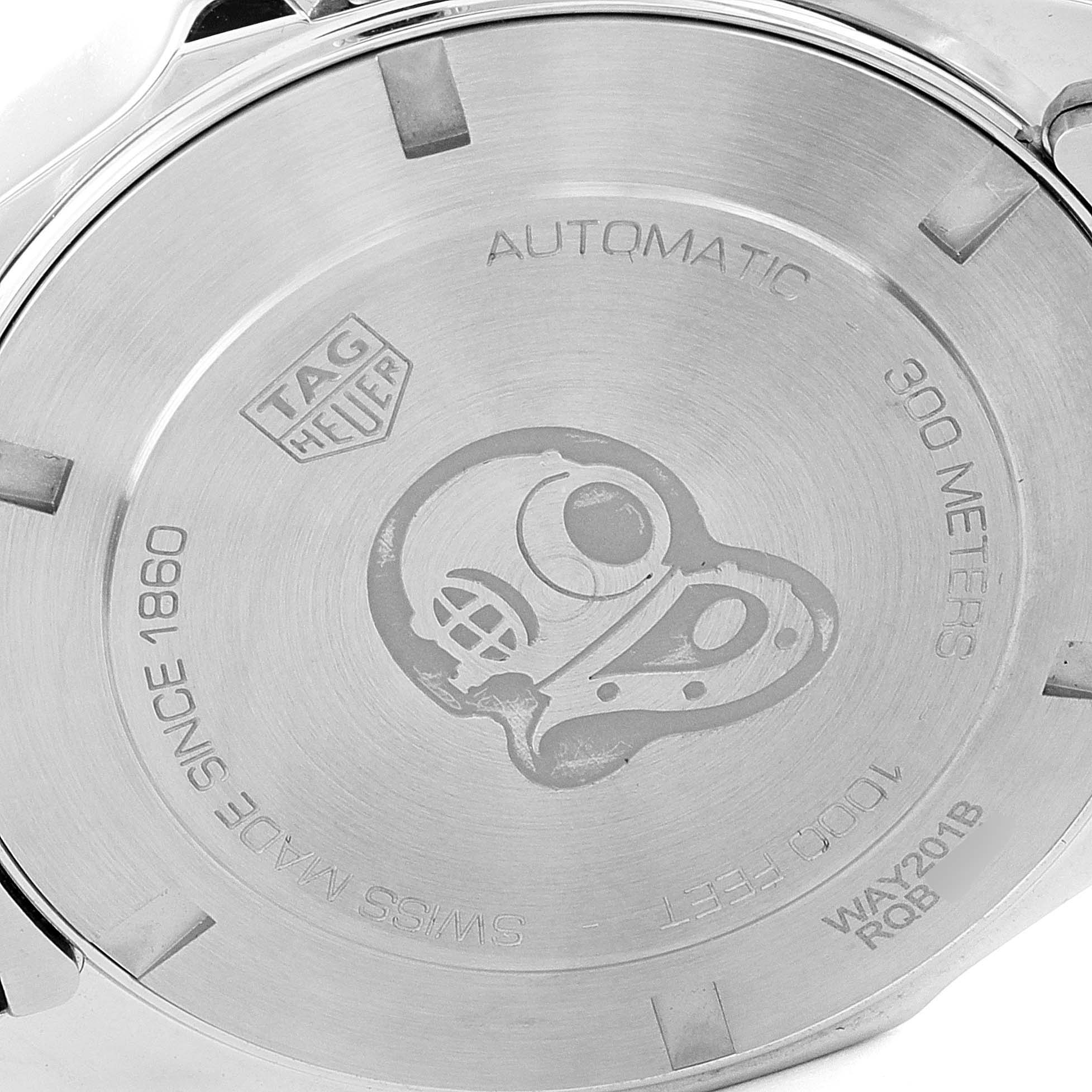 This image shows the back case of a Tag Heuer Aquaracer WAY201B Men
s Stainless Steel Blue Dial WAY201B Men
s Stainless Steel Blue Dial watch, displaying the brand logo and water resistance details.