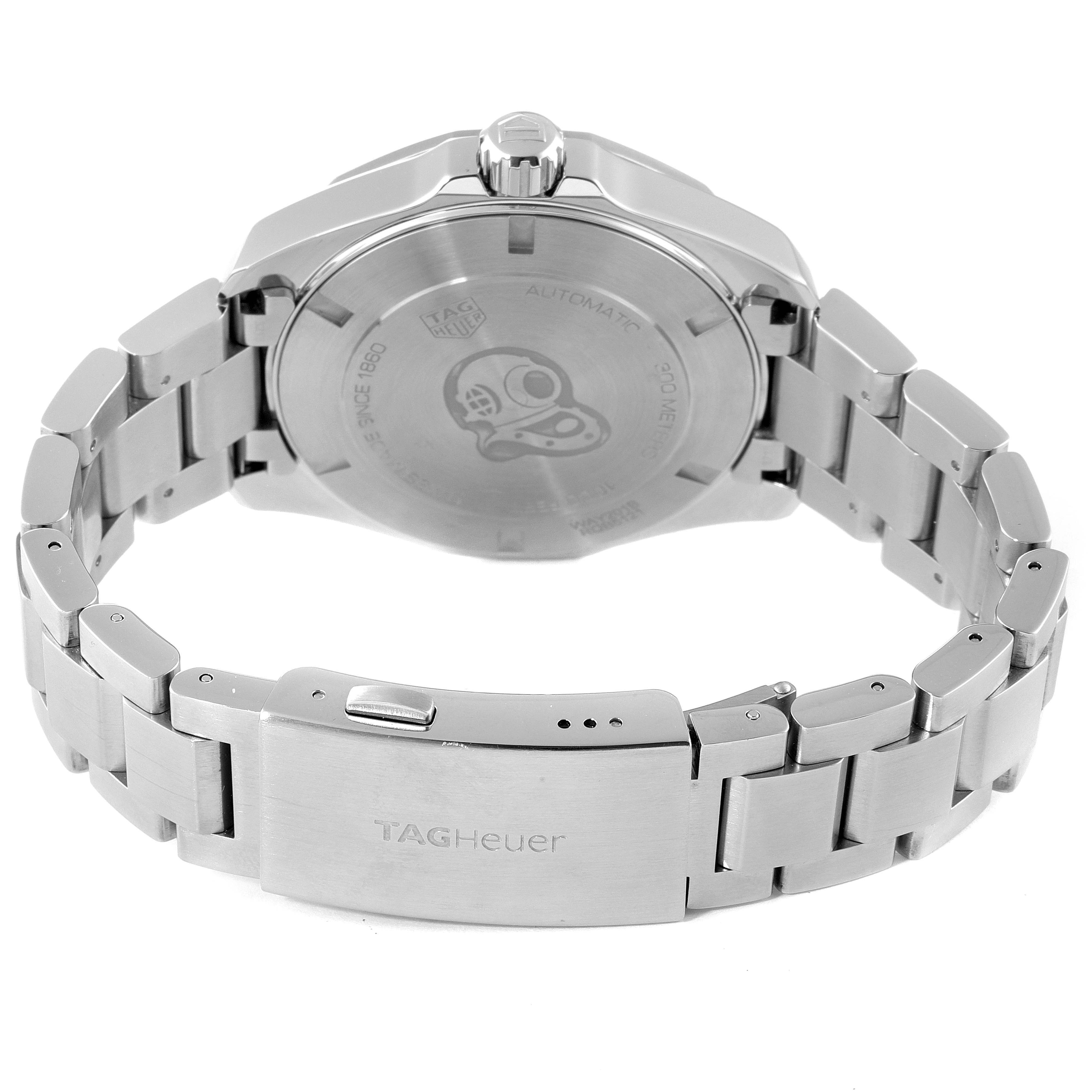 This image shows the back view of a Tag Heuer Aquaracer WAY201B Men
s Stainless Steel Blue Dial WAY201B Men
s Stainless Steel Blue Dial watch, highlighting its case back and stainless steel bracelet with the clasp open.