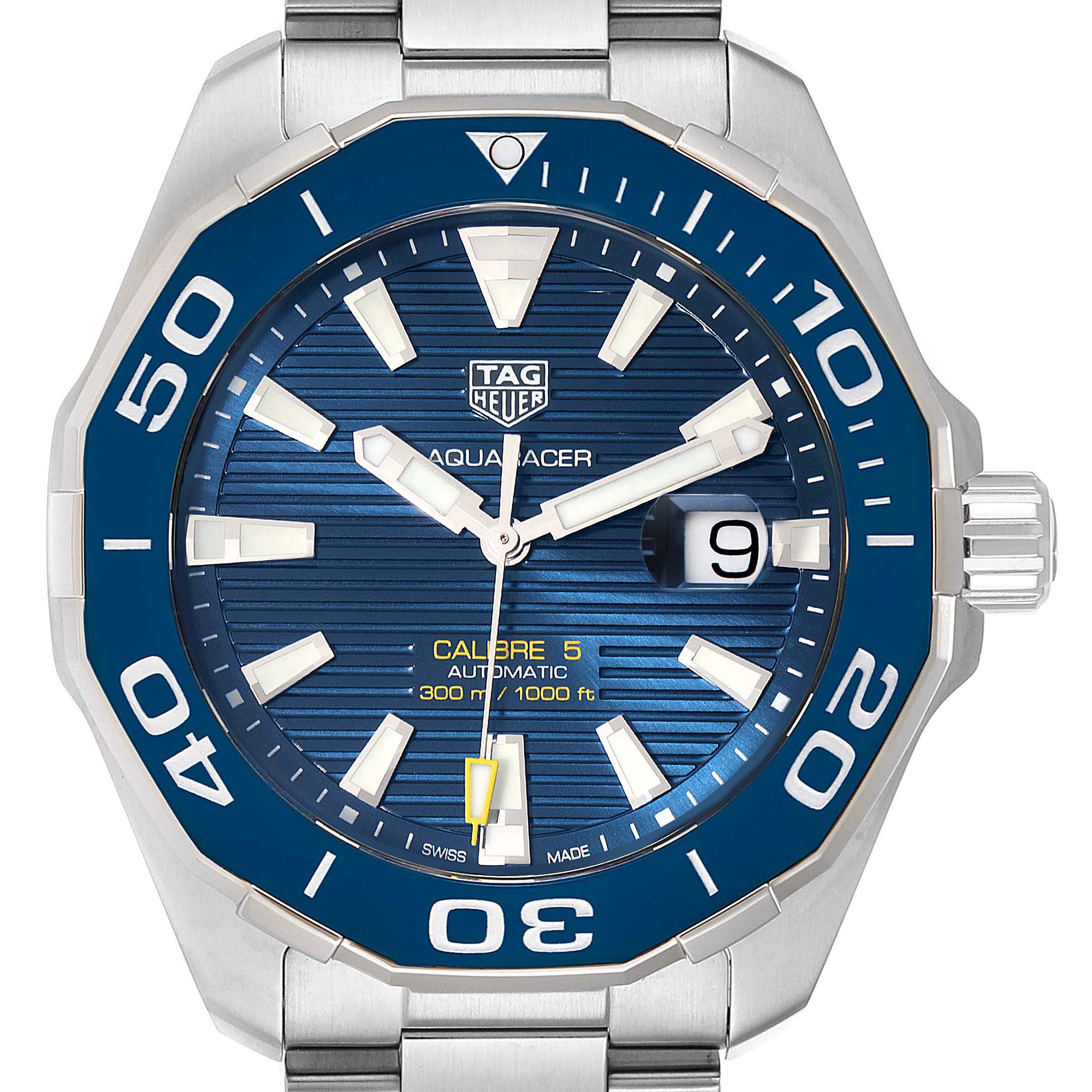 The image shows a close-up, front view of the Tag Heuer Aquaracer WAY201B Men
s Stainless Steel Blue Dial WAY201B Men
s Stainless Steel Blue Dial watch, highlighting its blue dial and bezel, hands, and hour markers.