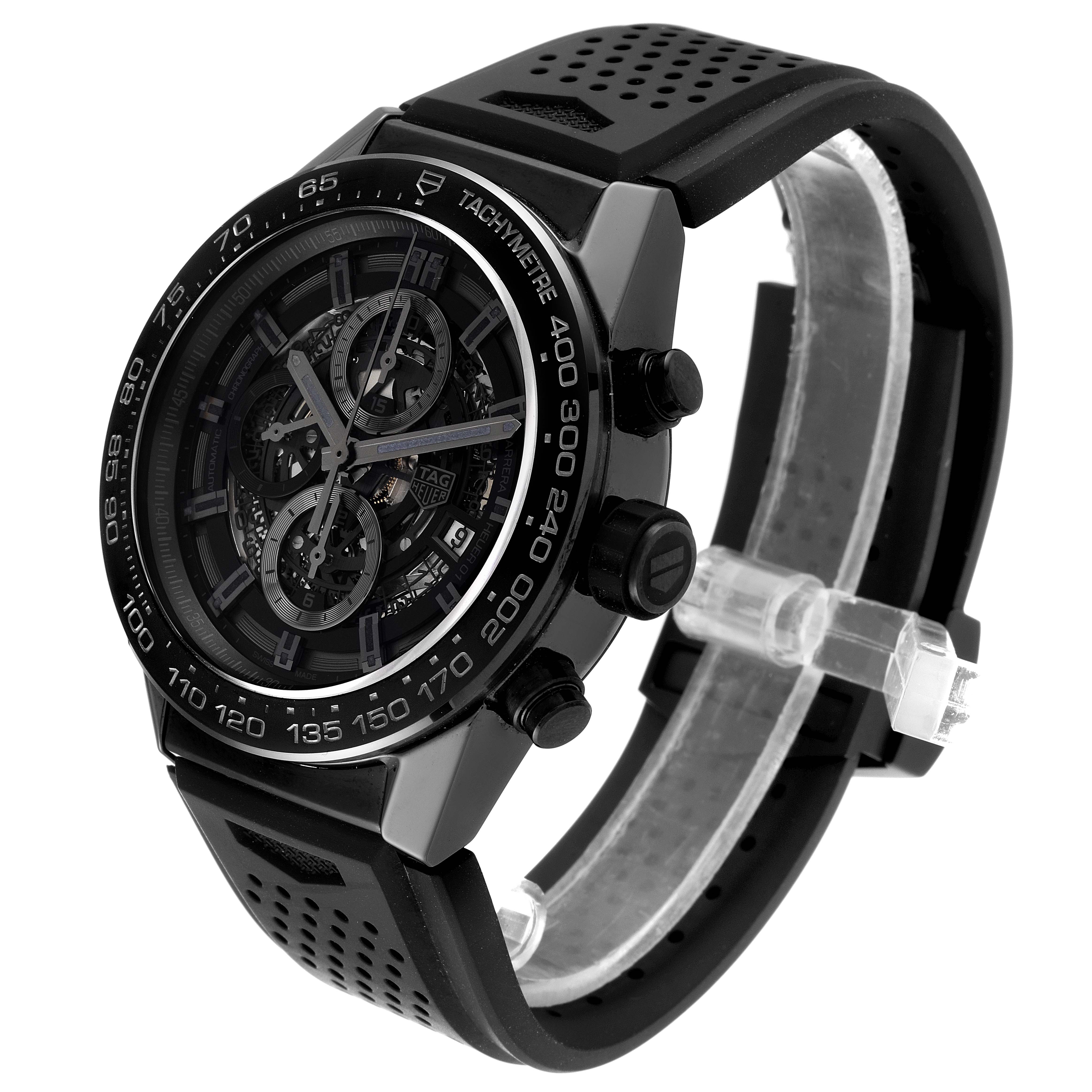 The image shows a side-angle view of a Tag Heuer Carrera CAR2A90.FT6071 Men's Ceramic Black Dial CAR2A90.FT6071 Men's Ceramic Black Dial watch, displaying its face, bezel, and strap.