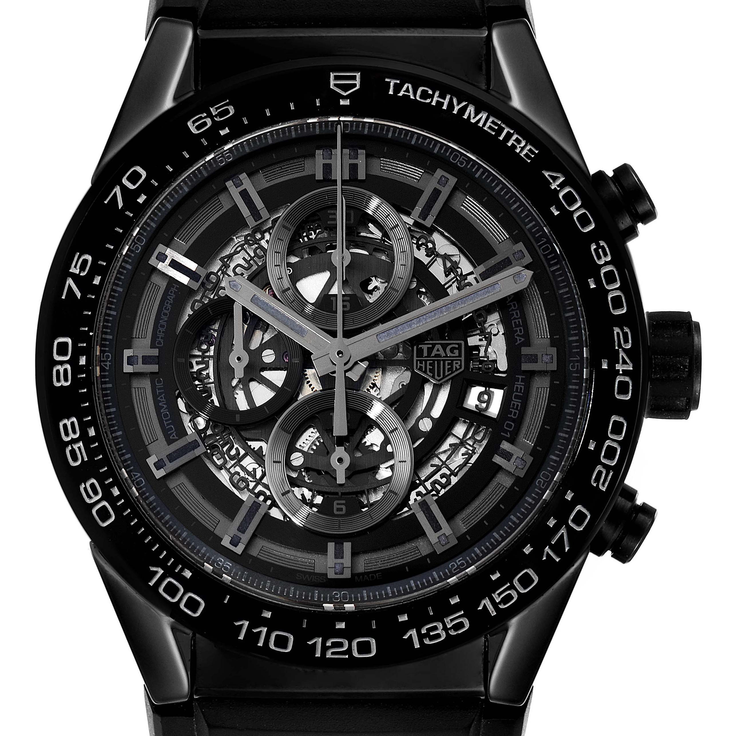 The image shows a frontal view of the Tag Heuer Carrera CAR2A90.FT6071 Men's Ceramic Black Dial CAR2A90.FT6071 Men's Ceramic Black Dial watch, highlighting its intricate dial, tachymeter bezel, and chronograph features.