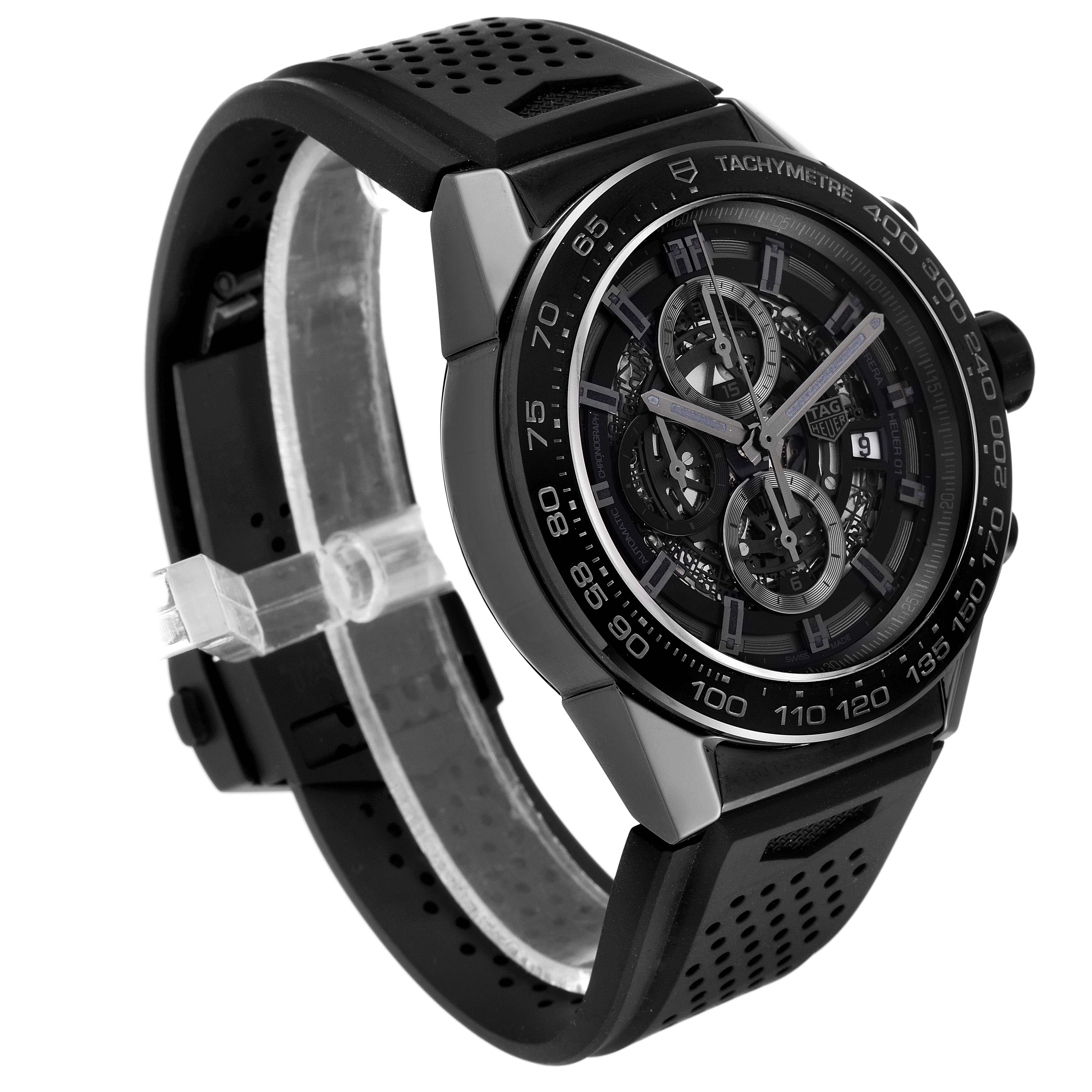 The Tag Heuer Carrera CAR2A90.FT6071 Men's Ceramic Black Dial CAR2A90.FT6071 Men's Ceramic Black Dial watch is shown at a slight angle, displaying its face, strap, and tachymeter bezel.