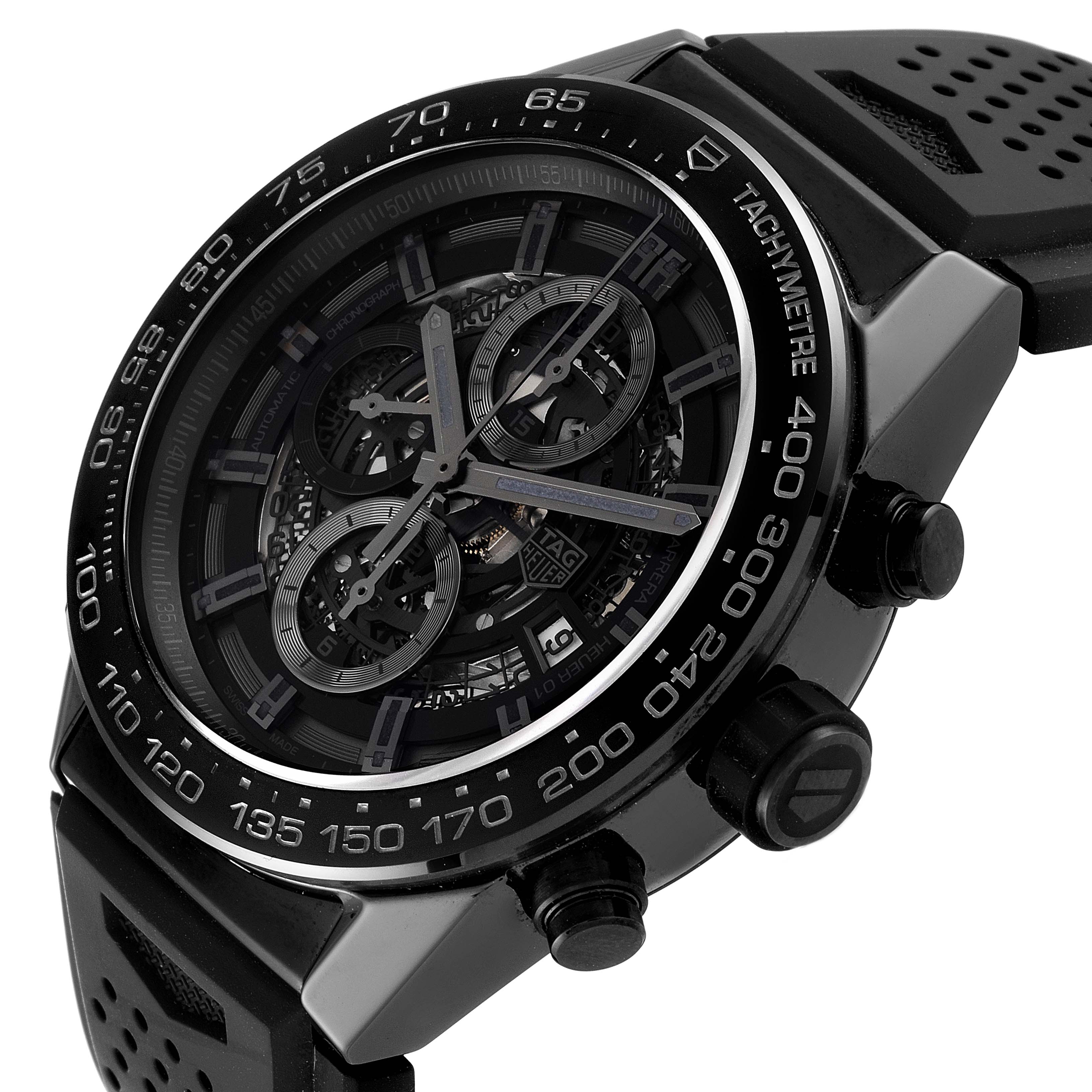 The Tag Heuer Carrera CAR2A90.FT6071 Men's Ceramic Black Dial CAR2A90.FT6071 Men's Ceramic Black Dial model watch is shown at a slight angle, displaying the face, bezel, dial, case, and part of the strap.