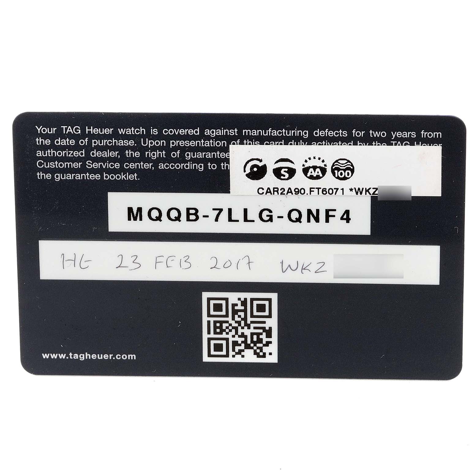 This image shows the warranty card for the Tag Heuer Carrera CAR2A90.FT6071 Men's Ceramic Black Dial CAR2A90.FT6071 Men's Ceramic Black Dial model watch.