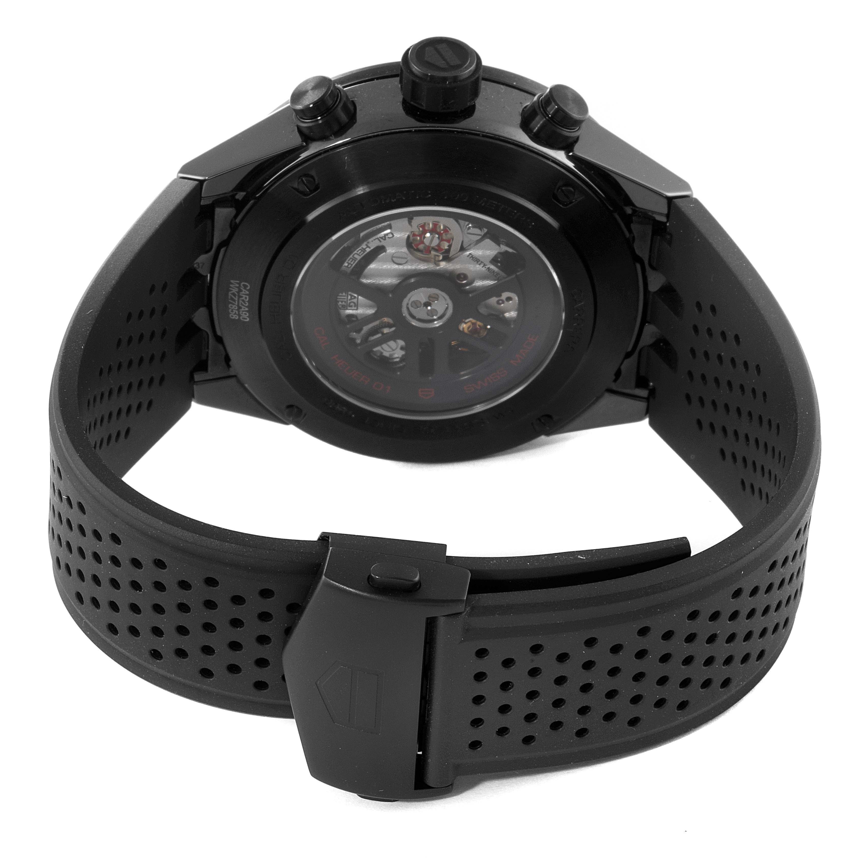 The image shows a rear view of the Tag Heuer Carrera CAR2A90.FT6071 Men's Ceramic Black Dial CAR2A90.FT6071 Men's Ceramic Black Dial watch, highlighting the strap and the transparent case back.