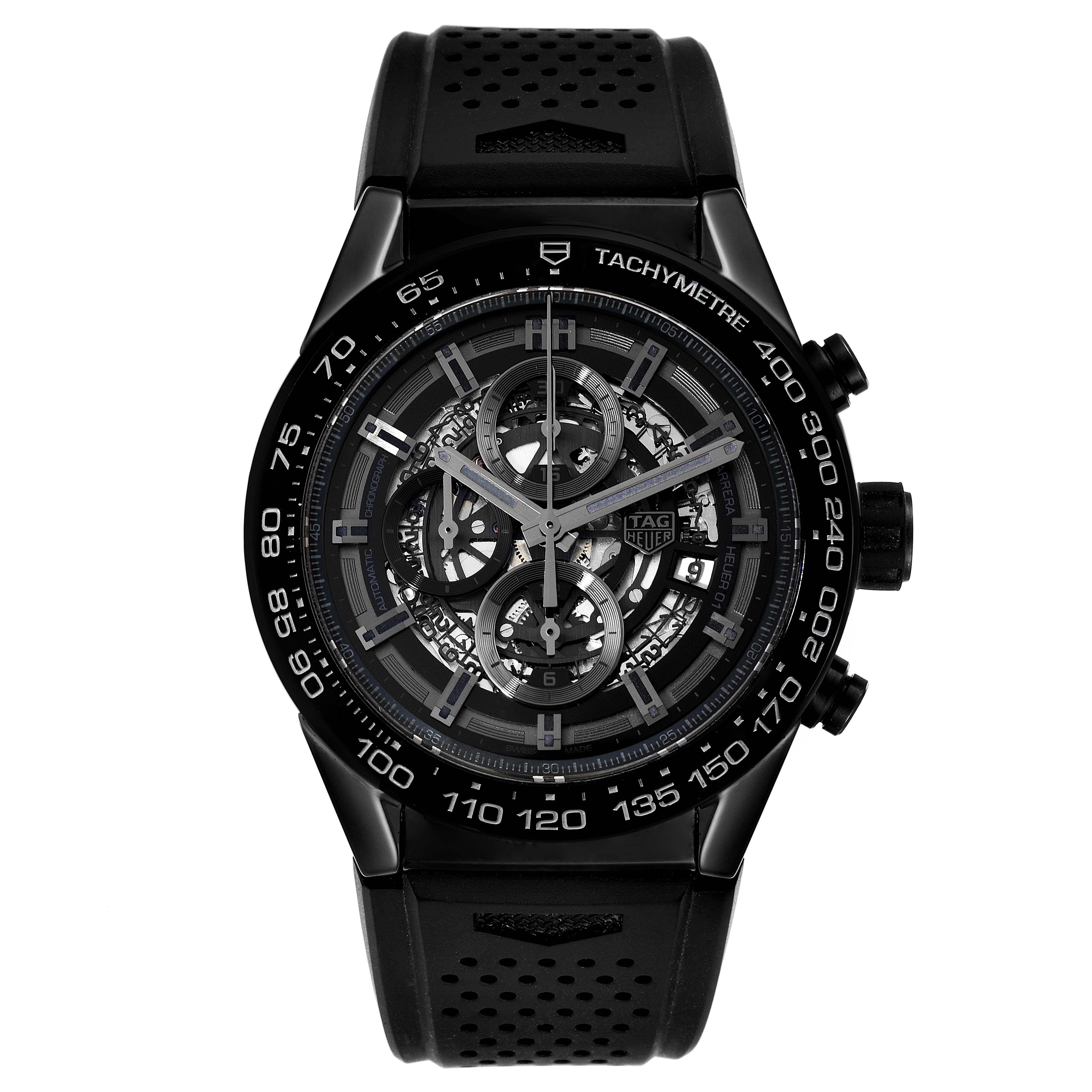 The Tag Heuer Carrera CAR2A90.FT6071 Men's Ceramic Black Dial CAR2A90.FT6071 Men's Ceramic Black Dial model watch is shown from a front angle, displaying its intricate dial, bezel, and strap.