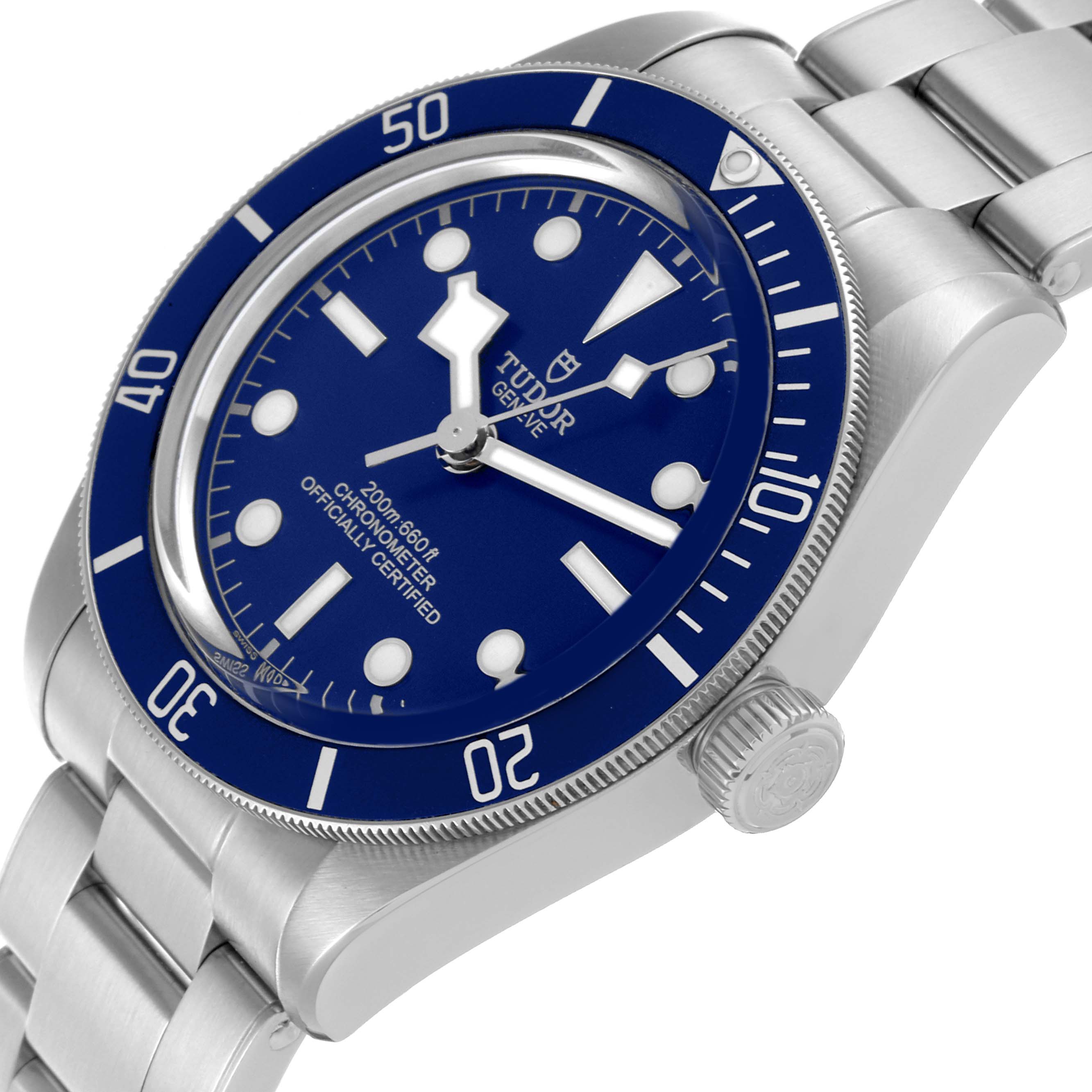 The Tudor Heritage Black Bay 79030B Men
s Stainless Steel Blue Dial 79030B Men
s Stainless Steel Blue Dial watch is shown at a three-quarter angle, highlighting the blue dial, bezel, and metal bracelet.